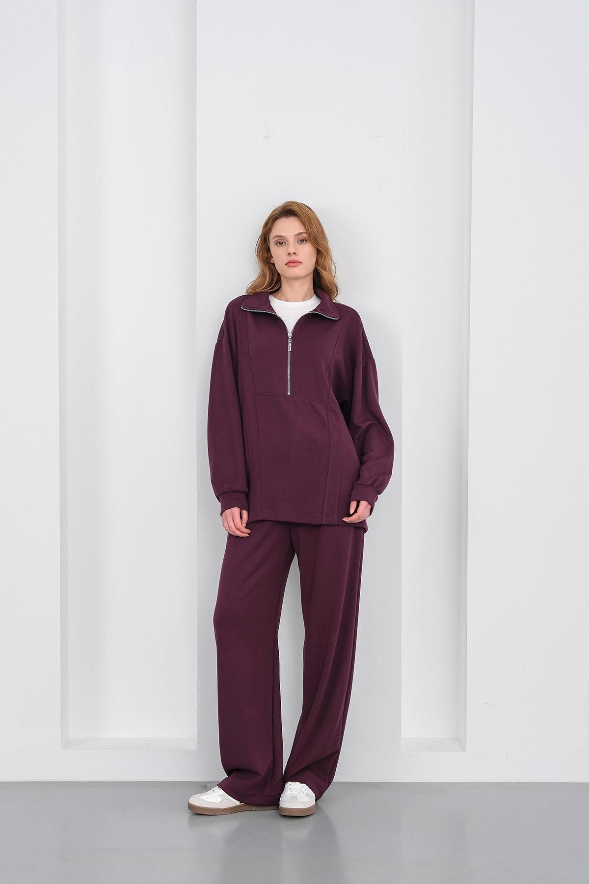 Mürdüm Kadın Premium Modal Kumaş Yarım Fermuarlı Oversize Alt-Üst Takım