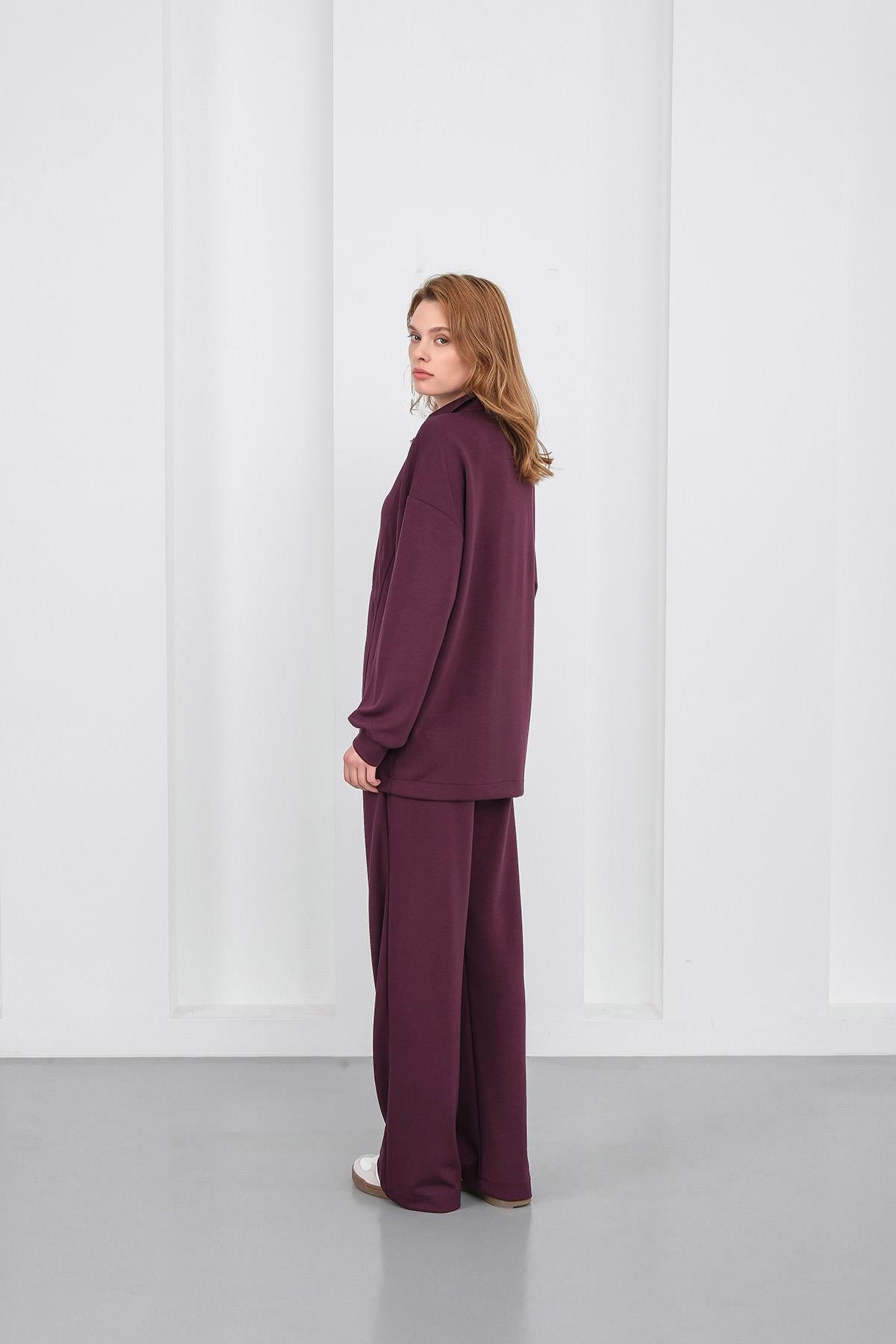 Mürdüm Kadın Premium Modal Kumaş Yarım Fermuarlı Oversize Alt-Üst Takım