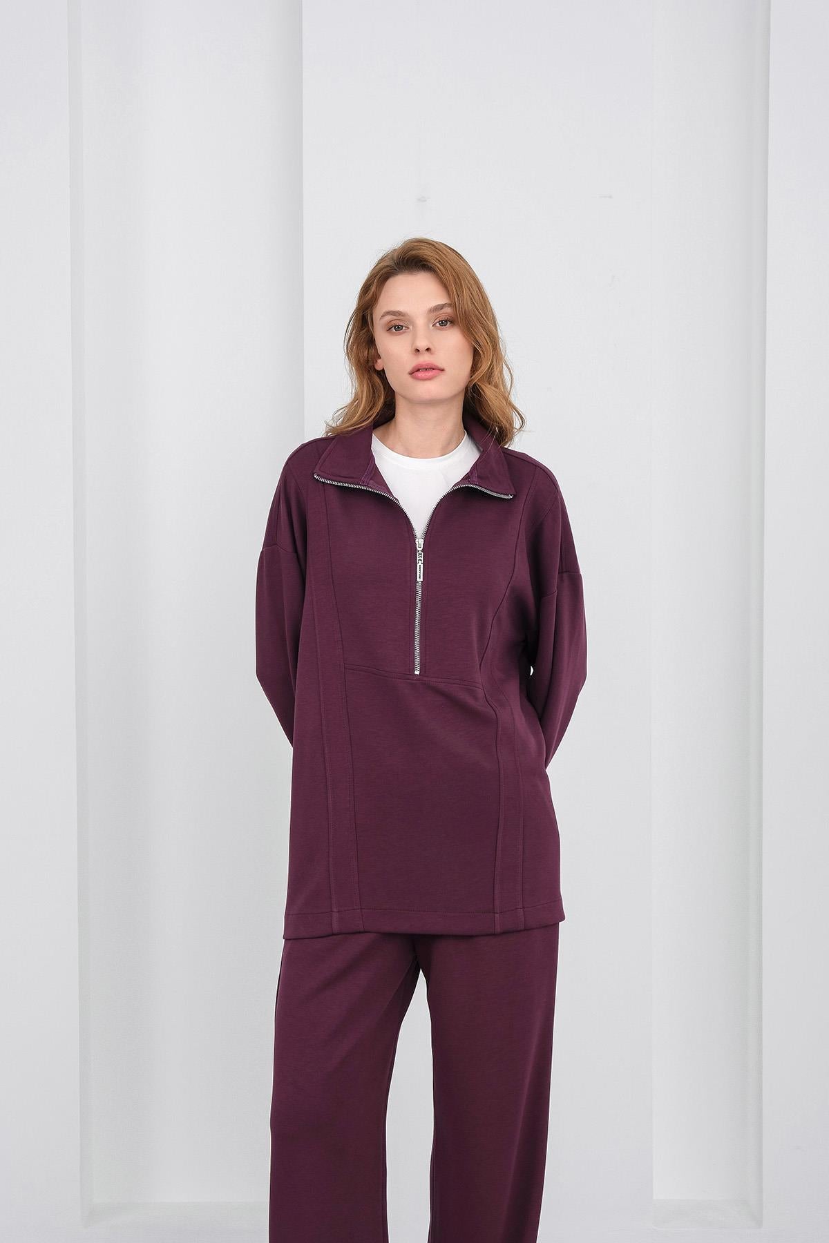 Mürdüm Kadın Premium Modal Kumaş Yarım Fermuarlı Oversize Alt-Üst Takım