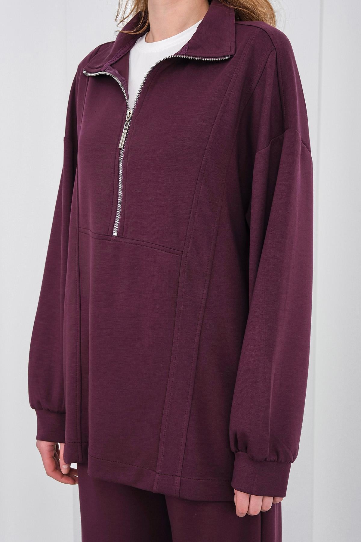 Mürdüm Kadın Premium Modal Kumaş Yarım Fermuarlı Oversize Alt-Üst Takım