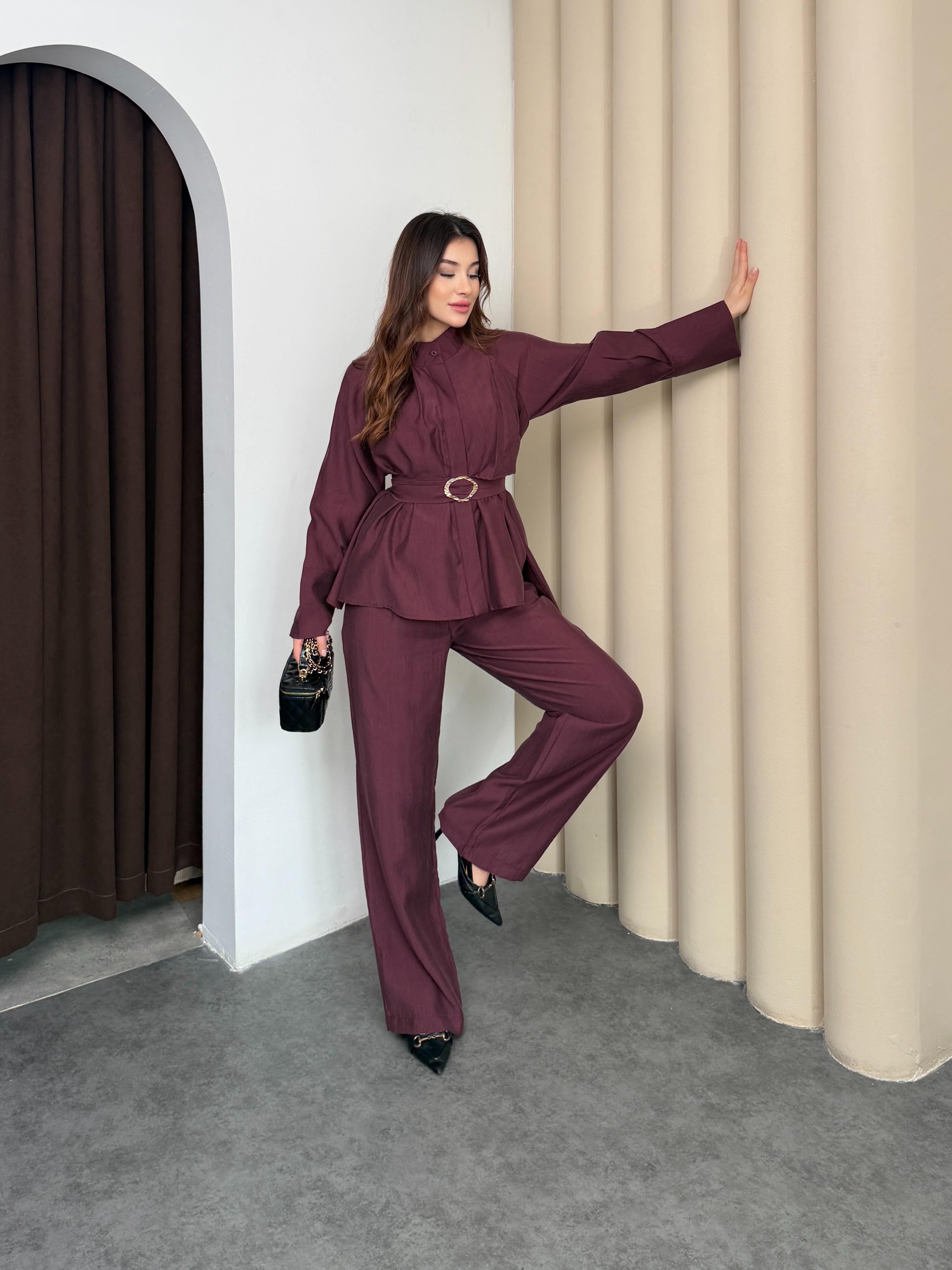 Mürdüm Kadın Premium Tencel Dokulu Gold Tokalı Kemerli Modern Kesim Takım