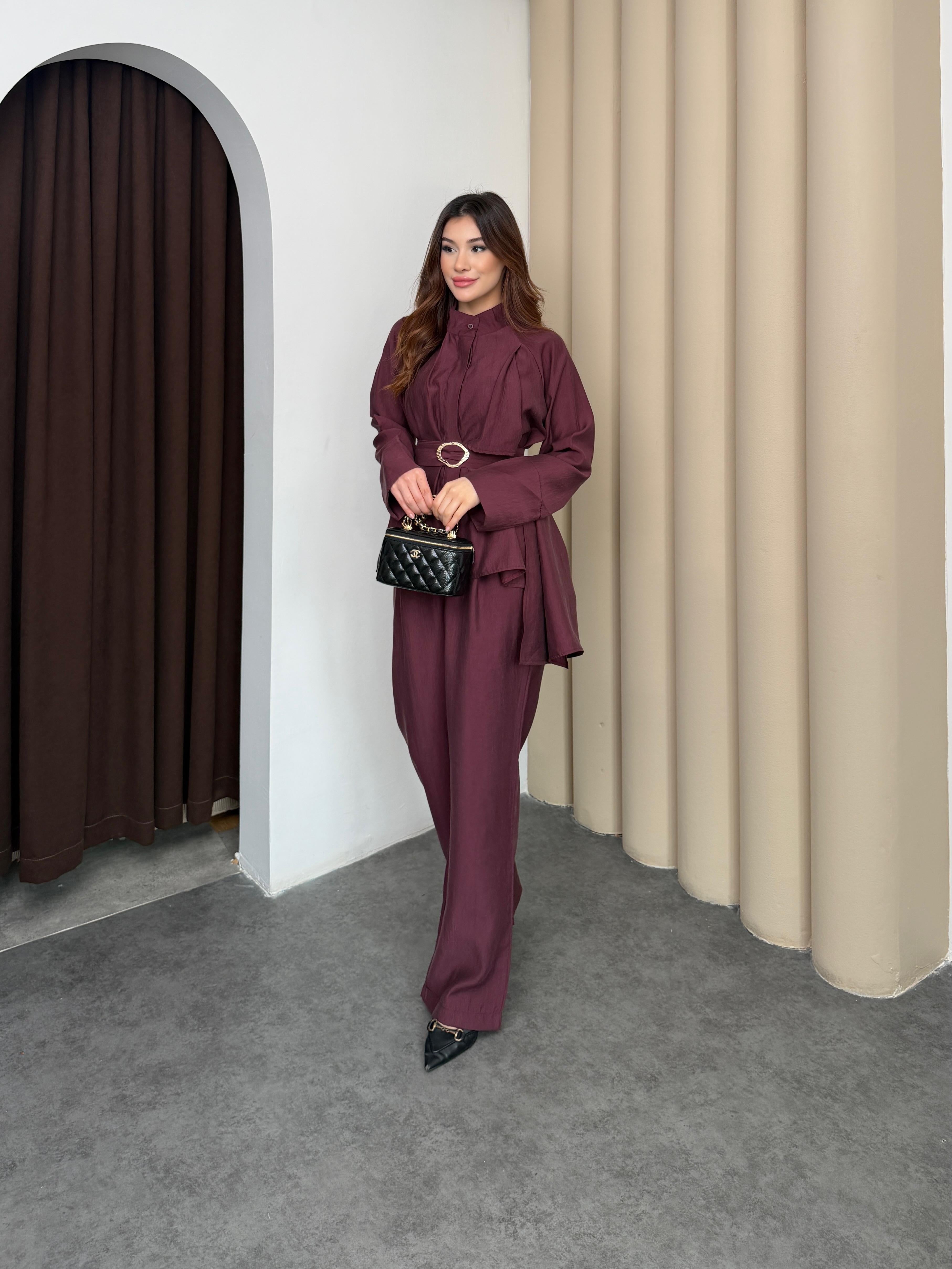 Mürdüm Kadın Premium Tencel Dokulu Gold Tokalı Kemerli Modern Kesim Takım