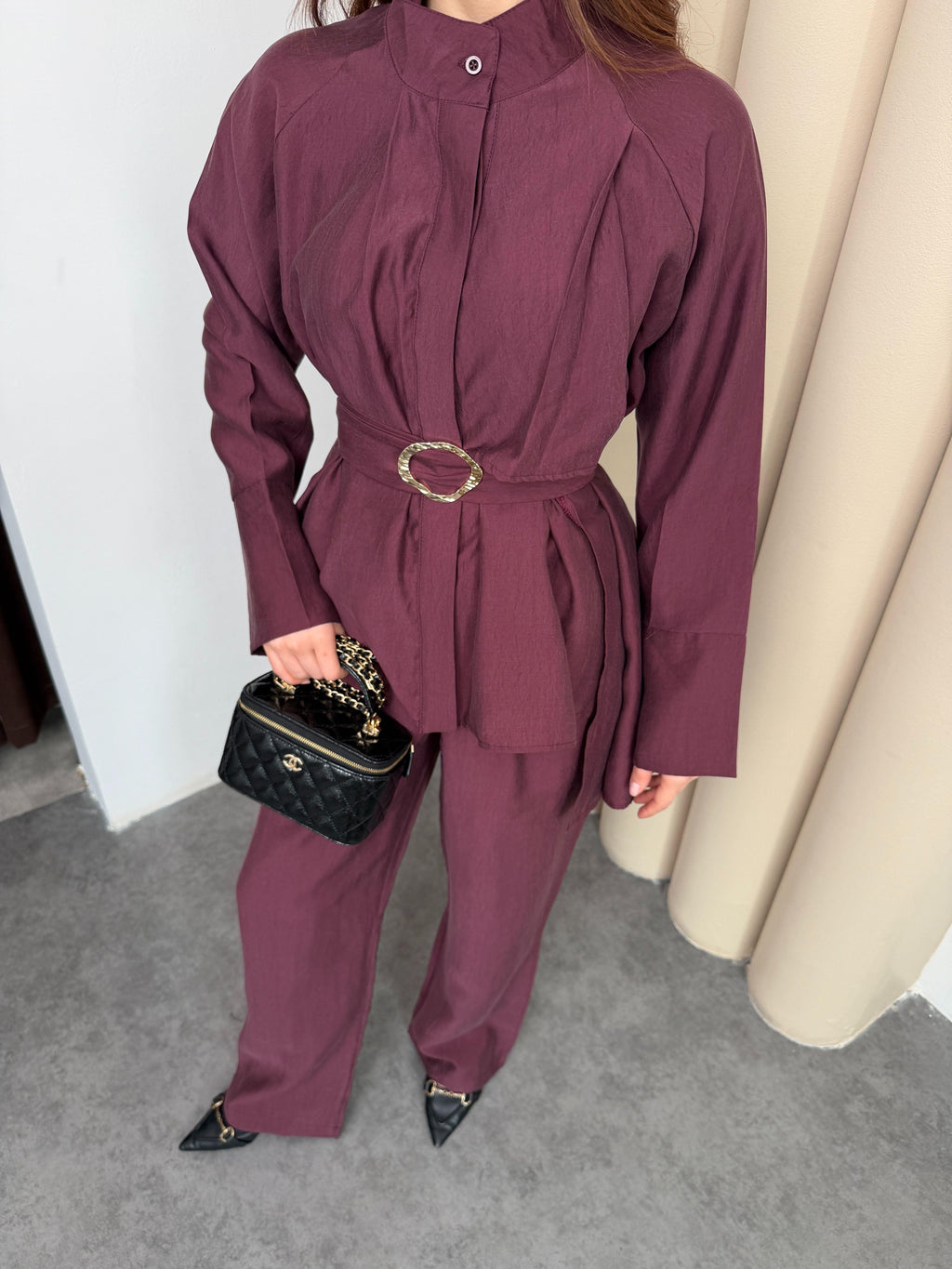 Mürdüm Kadın Premium Tencel Dokulu Gold Tokalı Kemerli Modern Kesim Takım