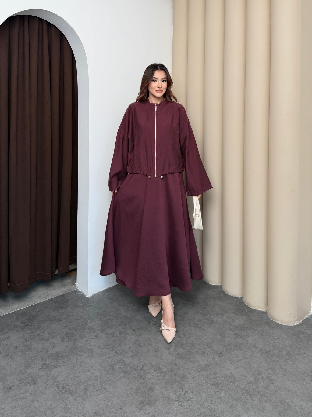 Mürdüm Kadın Premium Tencel Kumaş Etek Kemer Detaylı Akışkan Dokulu Ceket Etek Takım