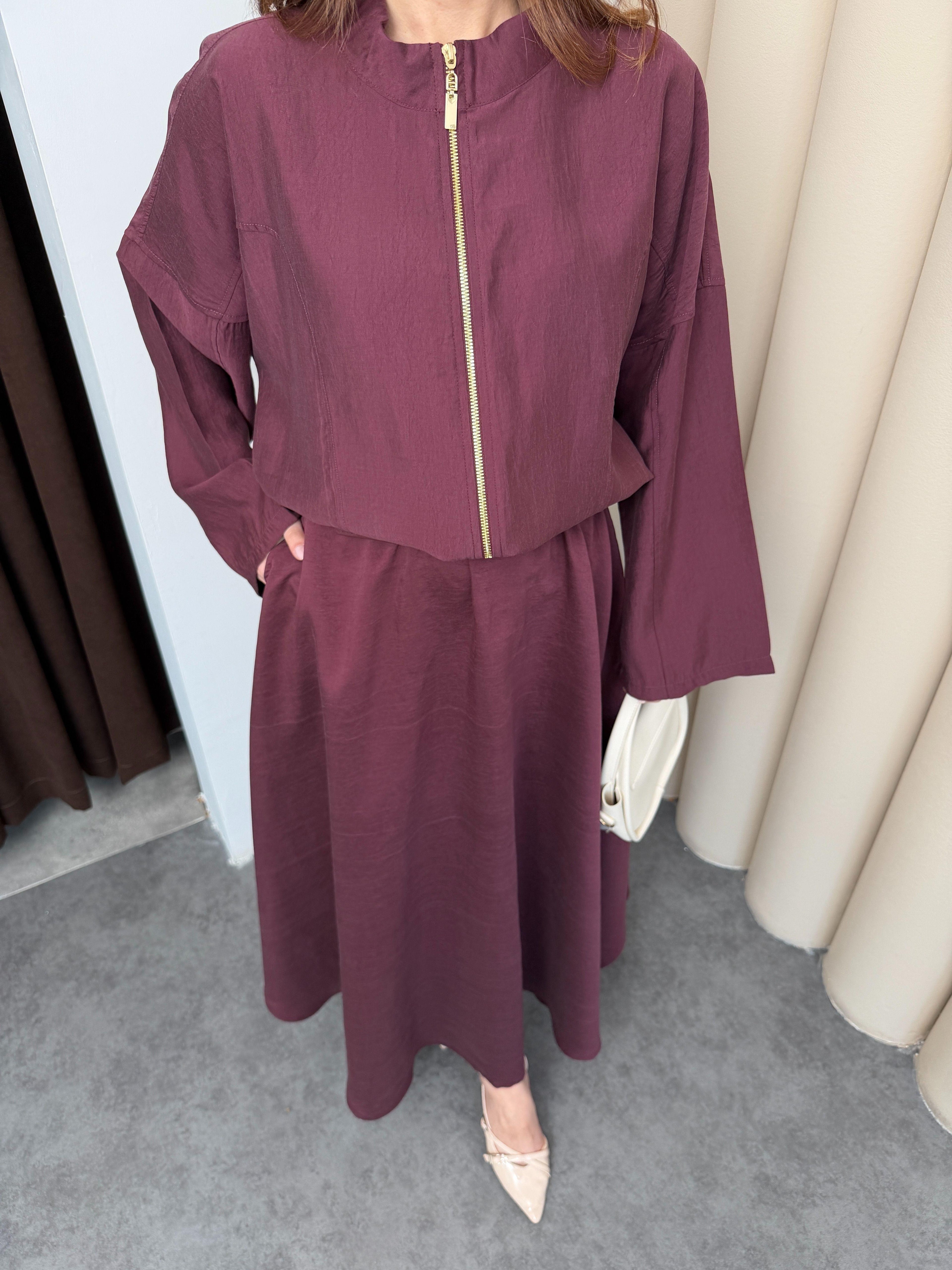 Mürdüm Kadın Premium Tencel Kumaş Etek Kemer Detaylı Akışkan Dokulu Ceket Etek Takım