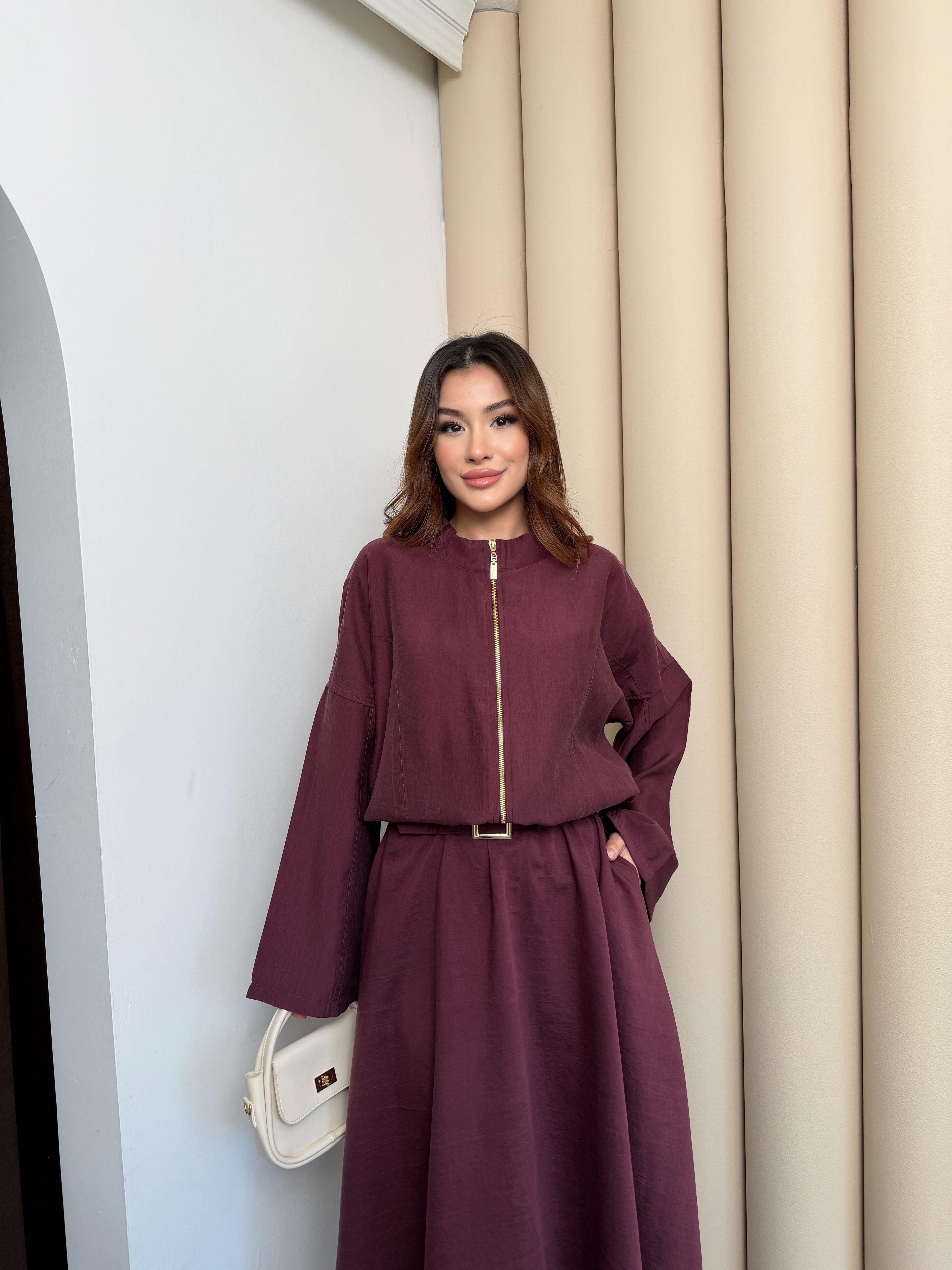 Mürdüm Kadın Premium Tencel Kumaş Etek Kemer Detaylı Akışkan Dokulu Ceket Etek Takım