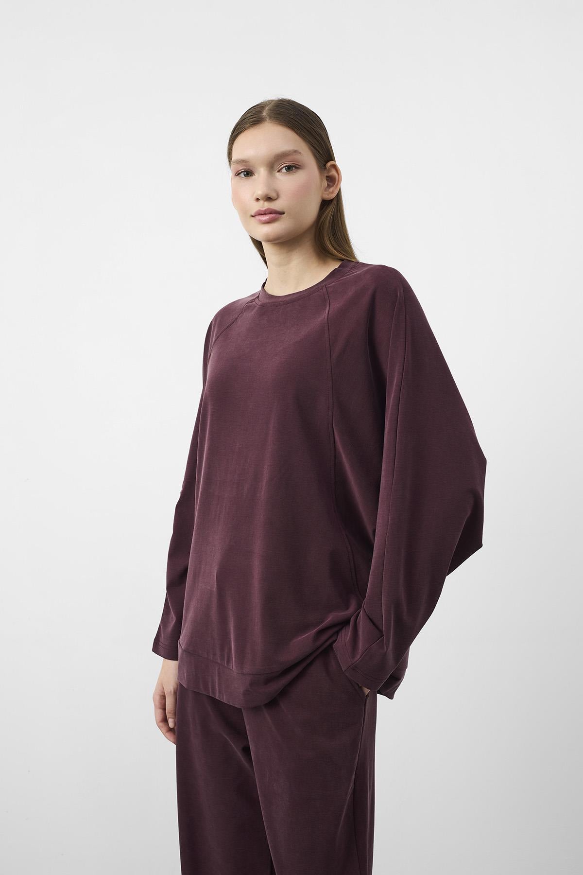 Mürdüm Kadın Tencel Karışımlı Yumuşak Dokulu Bisiklet Yaka Basic Bol Paça Alt-Üst Takım