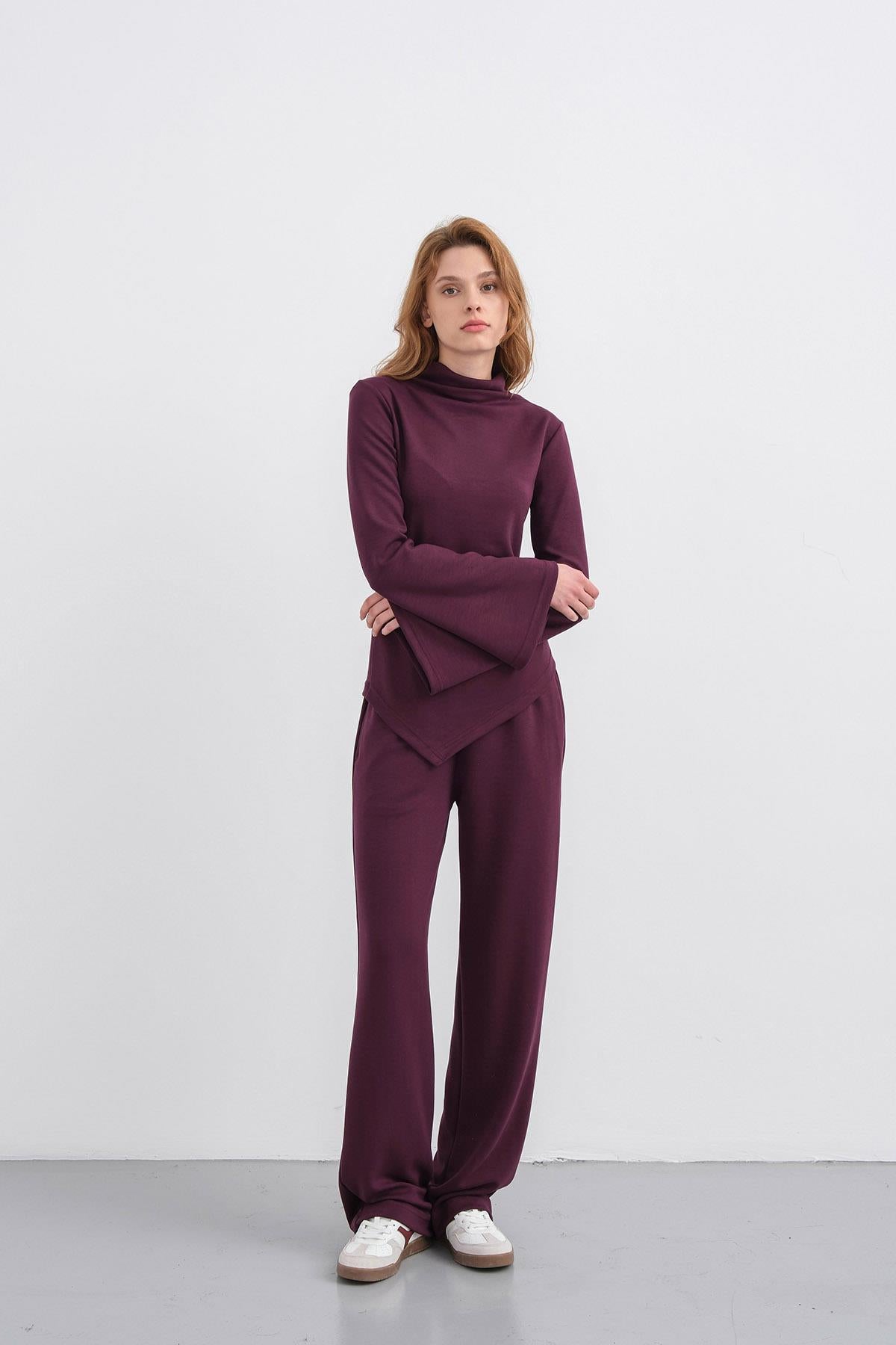 Mürdüm Kadın Yumuşak Dokulu Premium Modal  Balıkçı Yaka Asimetrik Kesim Alt-Üst Takım