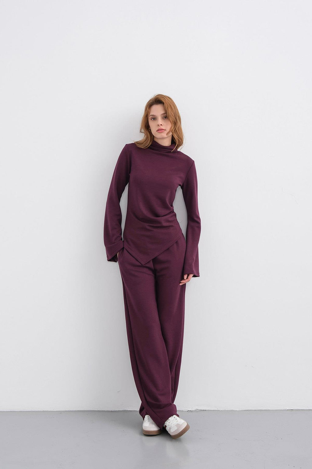 Mürdüm Kadın Yumuşak Dokulu Premium Modal  Balıkçı Yaka Asimetrik Kesim Alt-Üst Takım