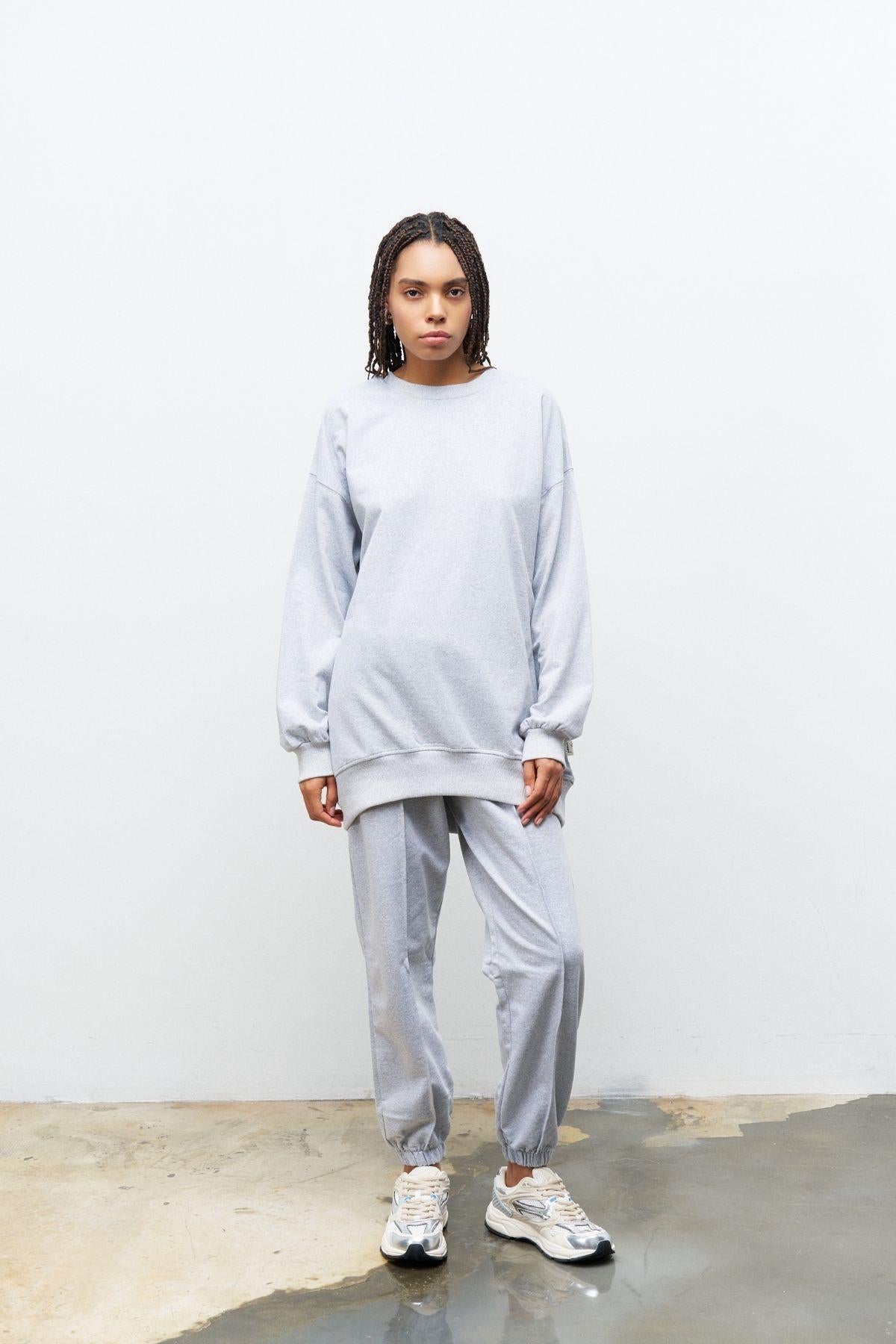 Next Yandan Yırtmaçlı Oversize Pamuklu Gri Alt Üst Takım