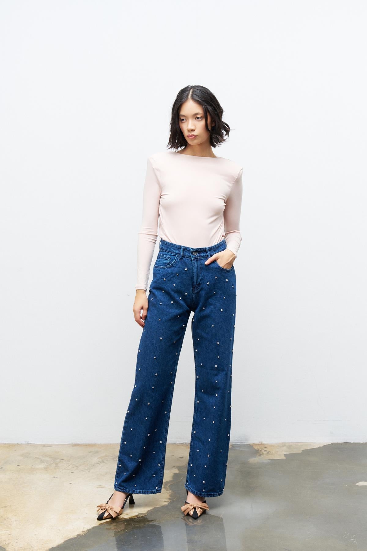 Önü Parlak Taş Detaylı %100 Cotton  Wide Leg Denim