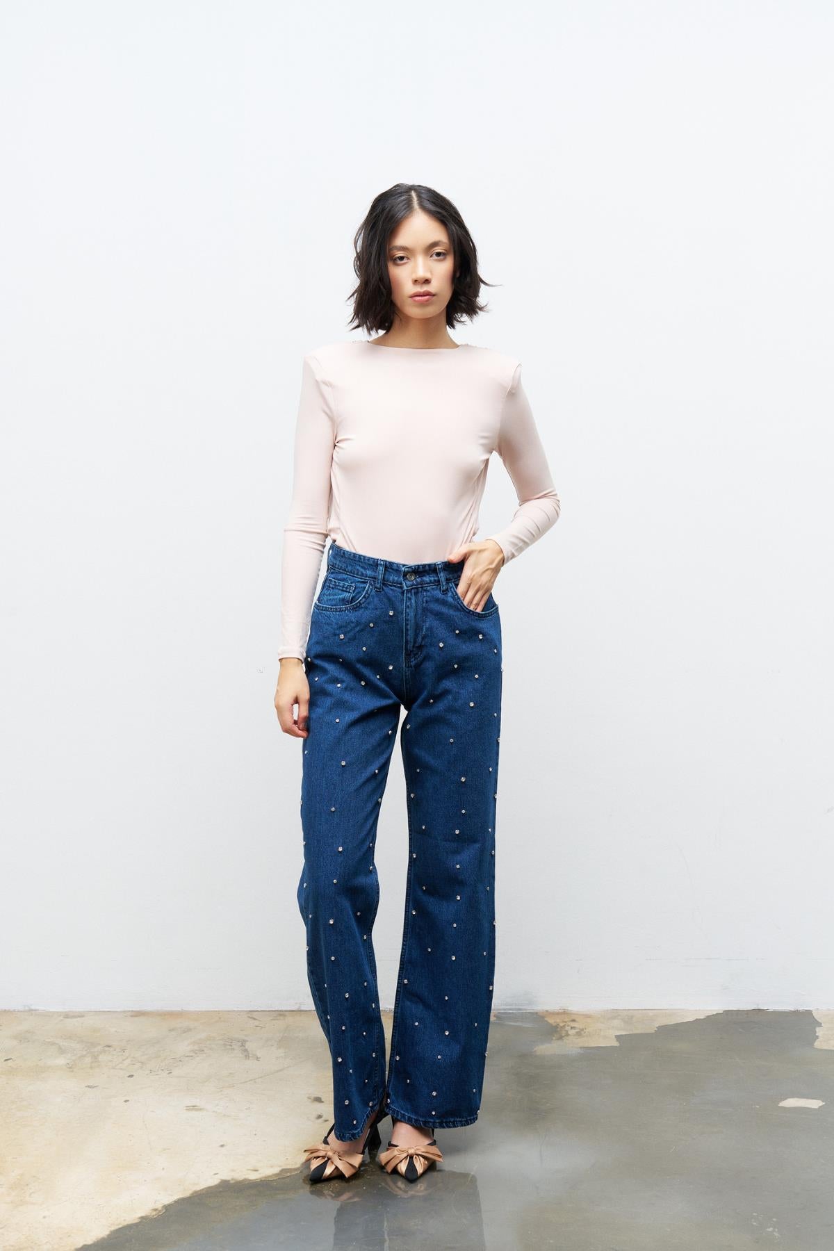 Önü Parlak Taş Detaylı %100 Cotton  Wide Leg Denim