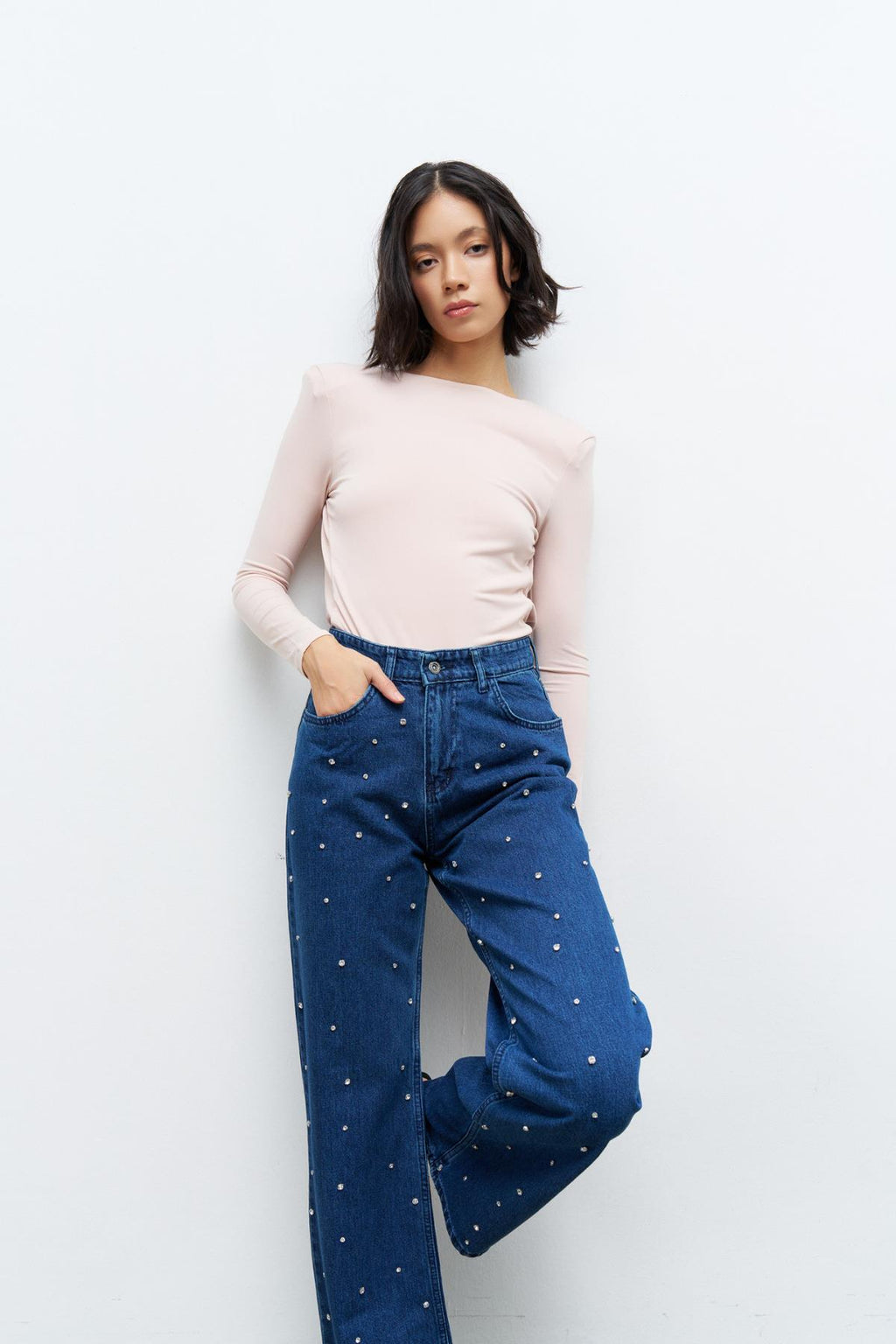 Önü Parlak Taş Detaylı %100 Cotton  Wide Leg Denim