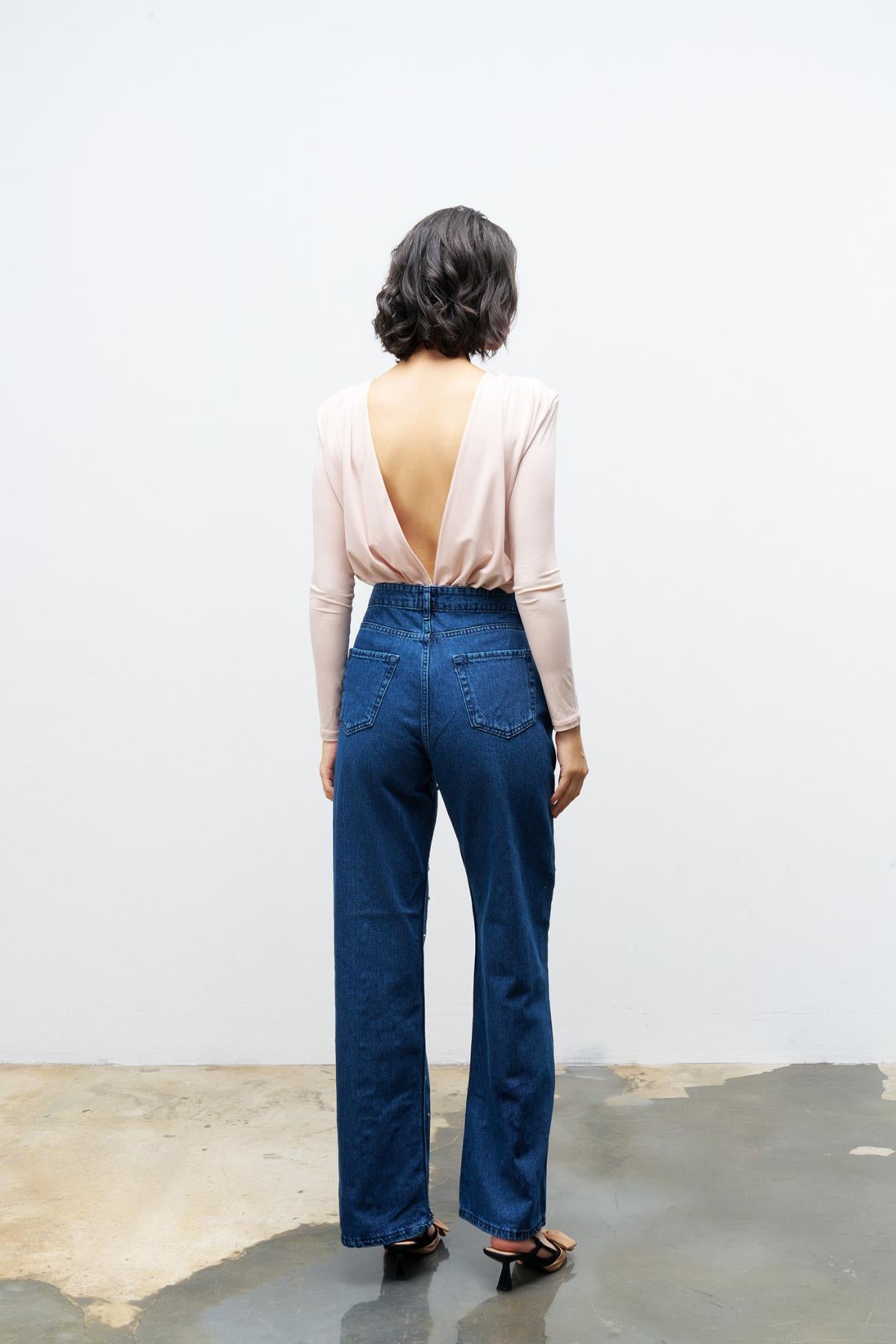 Önü Parlak Taş Detaylı %100 Cotton  Wide Leg Denim