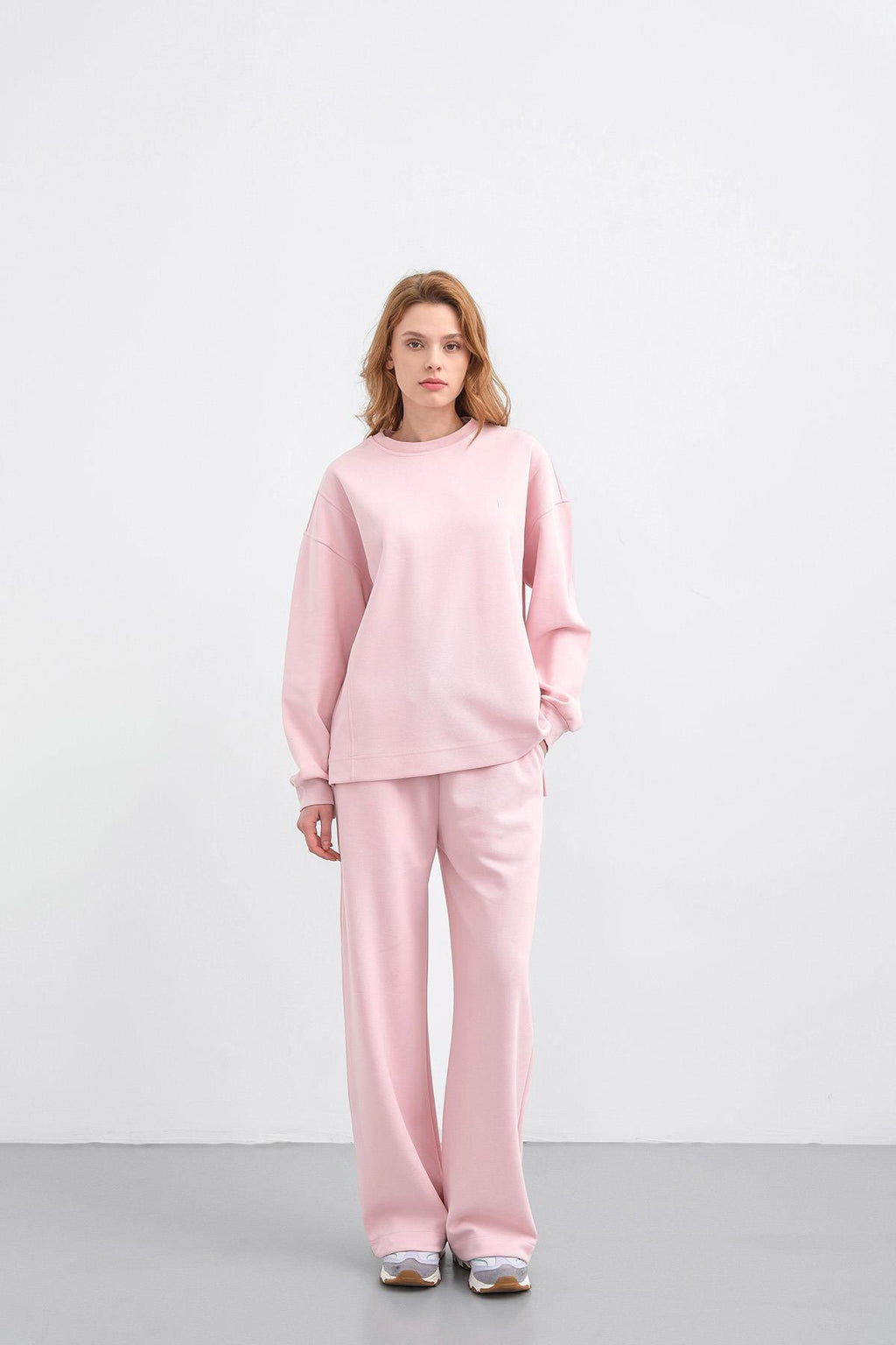 Pembe Kadın Oversize Pike Dokulu Bol Paça Alt-Üst Takım