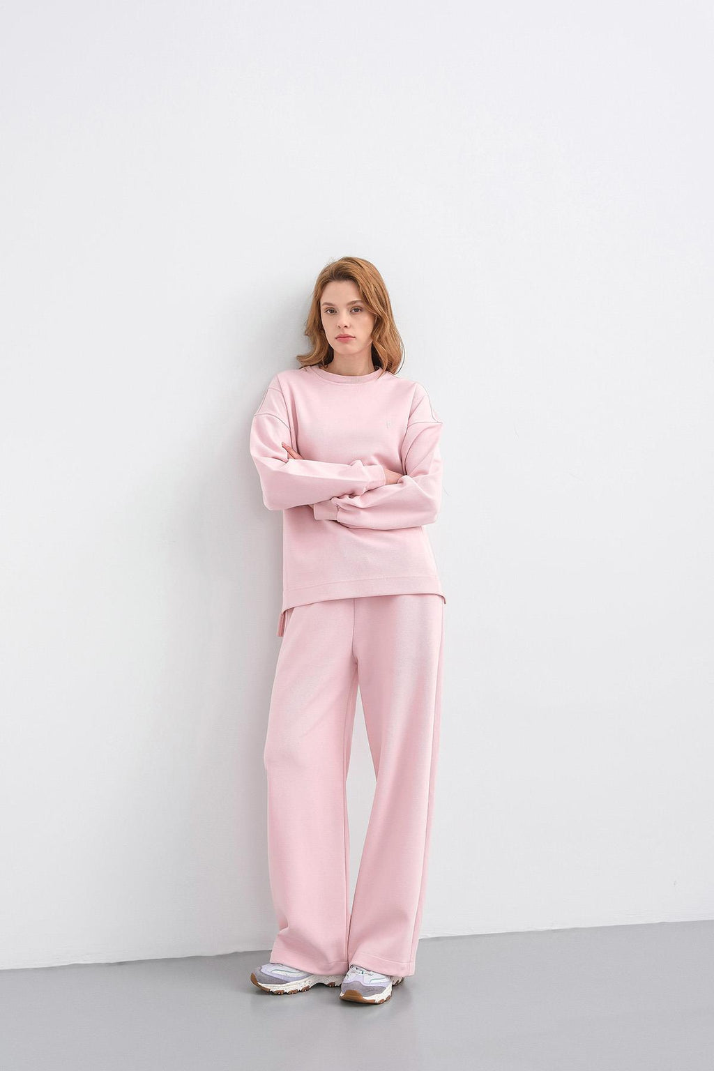 Pembe Kadın Oversize Pike Dokulu Bol Paça Alt-Üst Takım