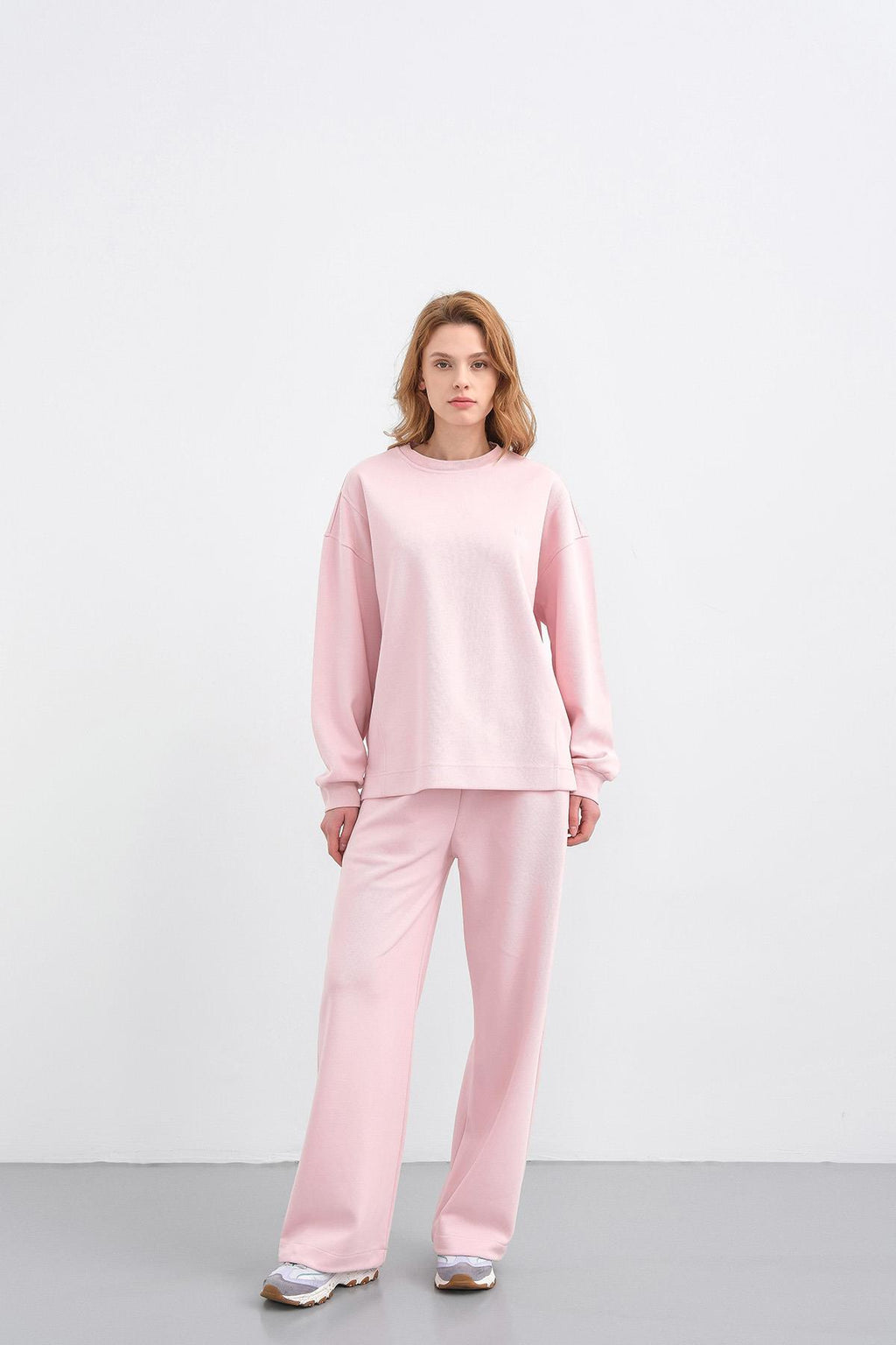 Pembe Kadın Oversize Pike Dokulu Bol Paça Alt-Üst Takım