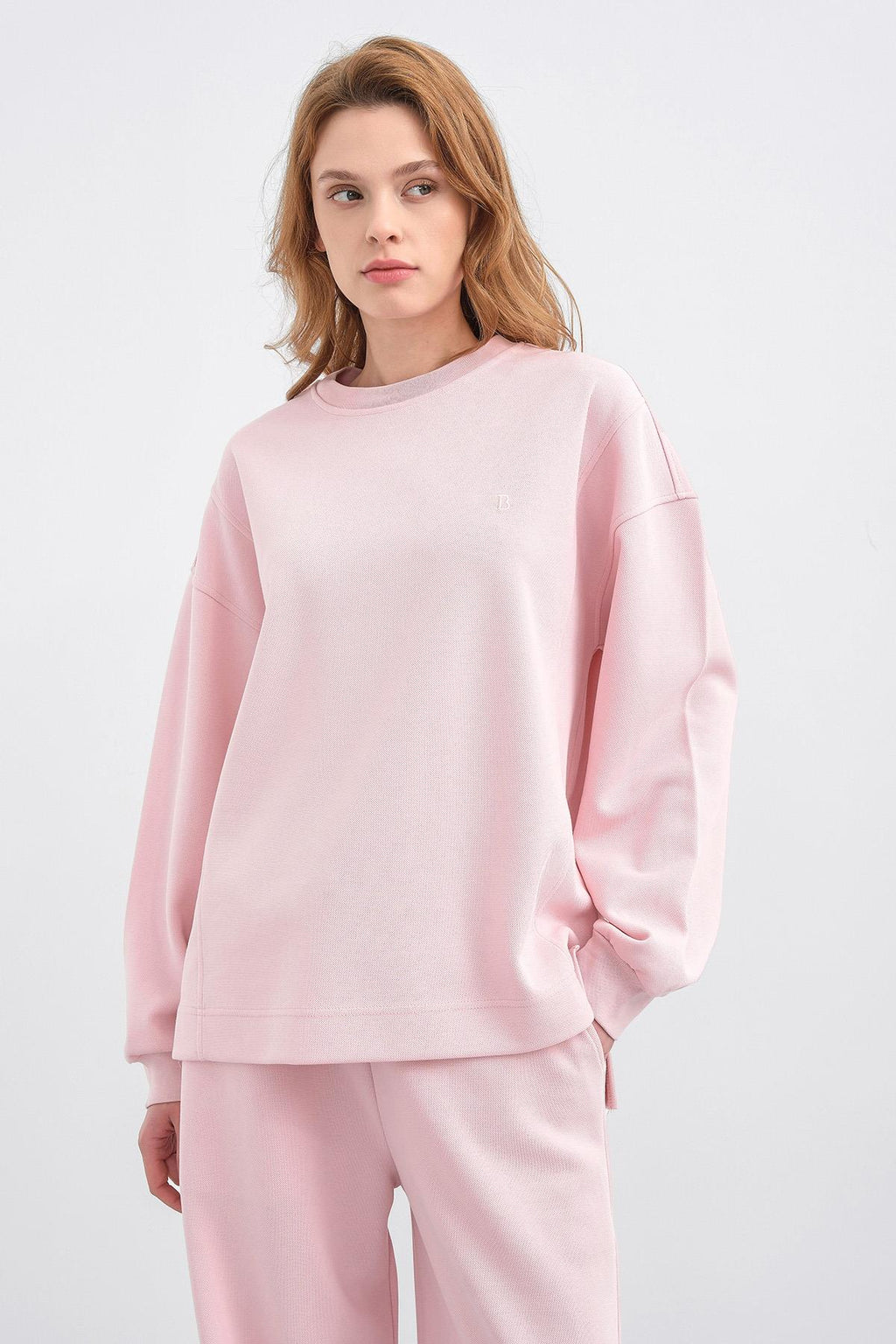 Pembe Kadın Oversize Pike Dokulu Bol Paça Alt-Üst Takım