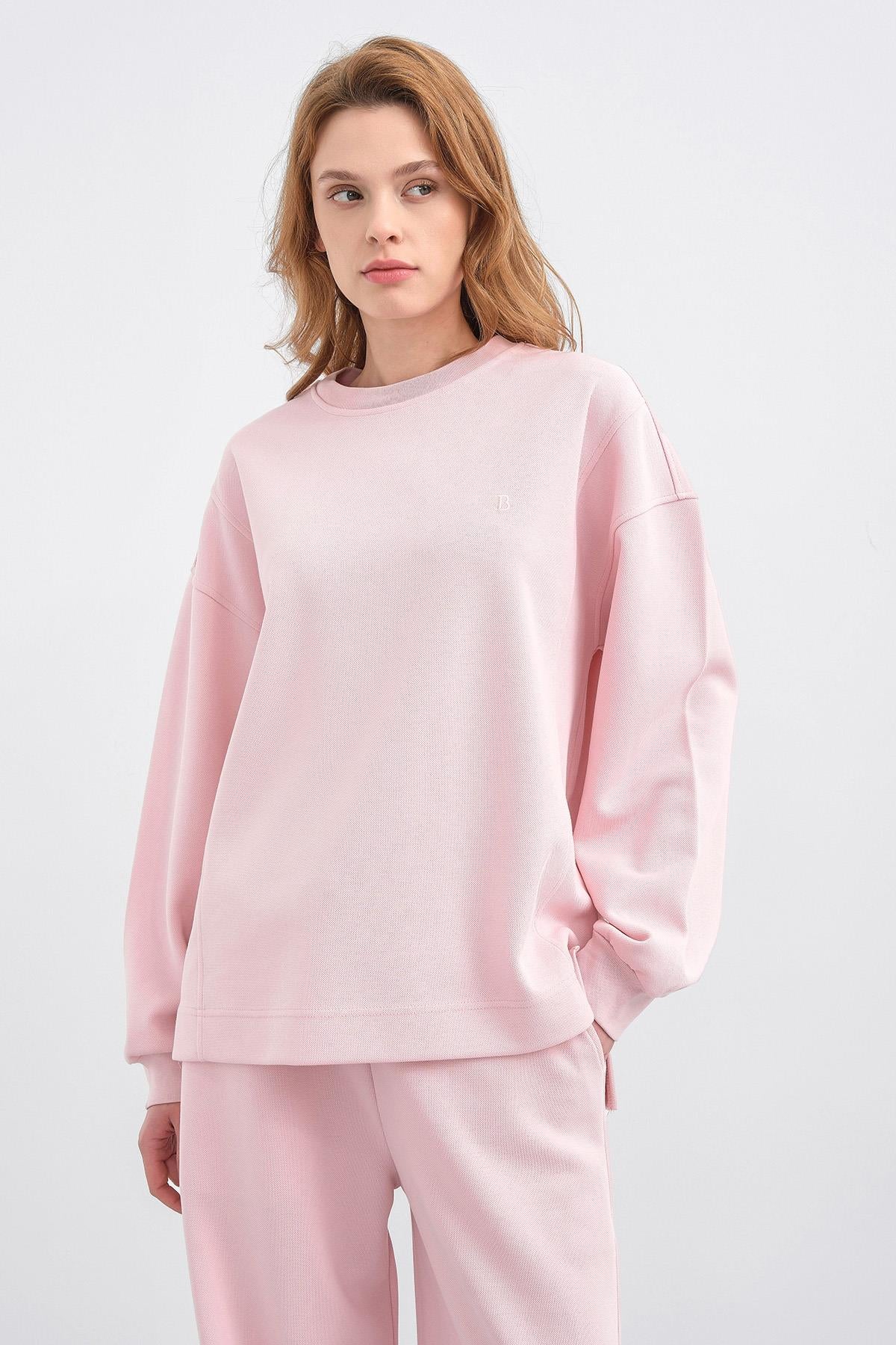 Pembe Kadın Oversize Pike Dokulu Bol Paça Alt-Üst Takım