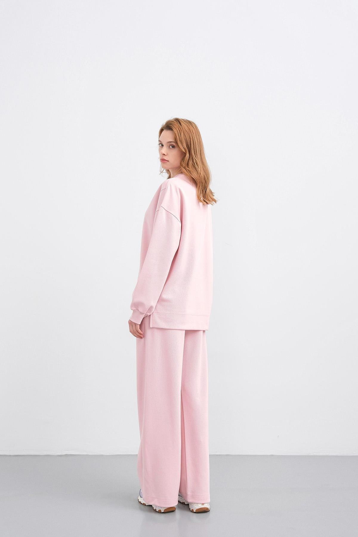Pembe Kadın Oversize Pike Dokulu Bol Paça Alt-Üst Takım