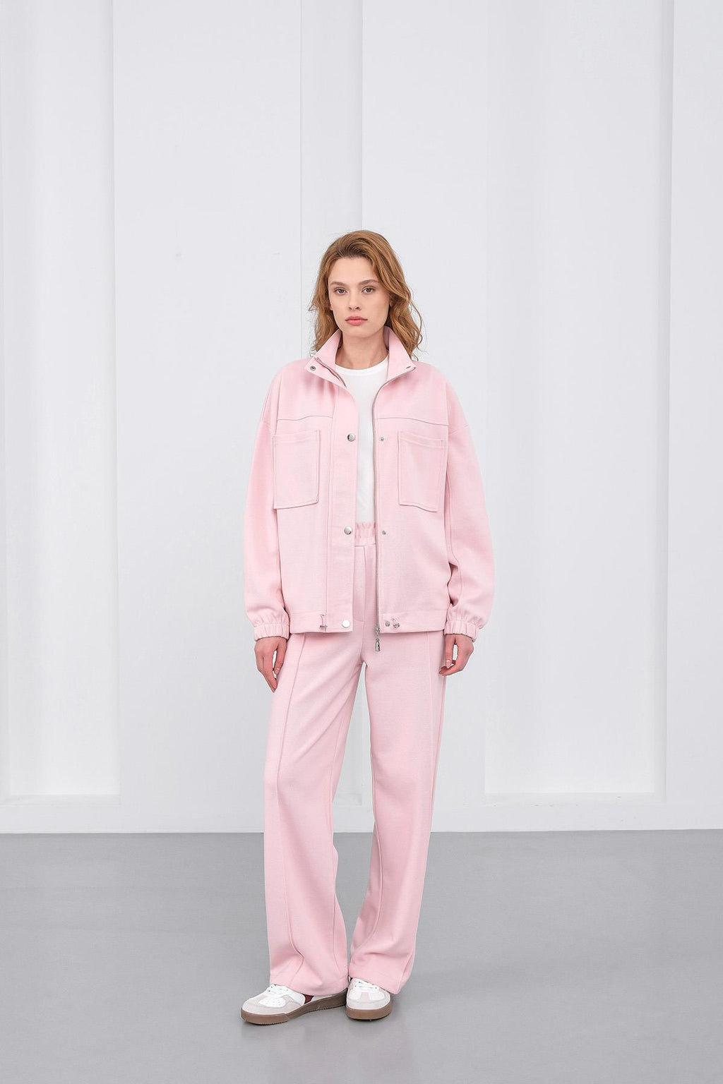 Pembe Kadın Pike Dokulu Bel Ayarlanabilir Oversize Ceket Pantolon Takım