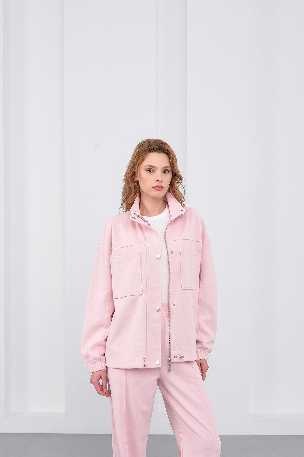 Pembe Kadın Pike Dokulu Bel Ayarlanabilir Oversize Ceket Pantolon Takım