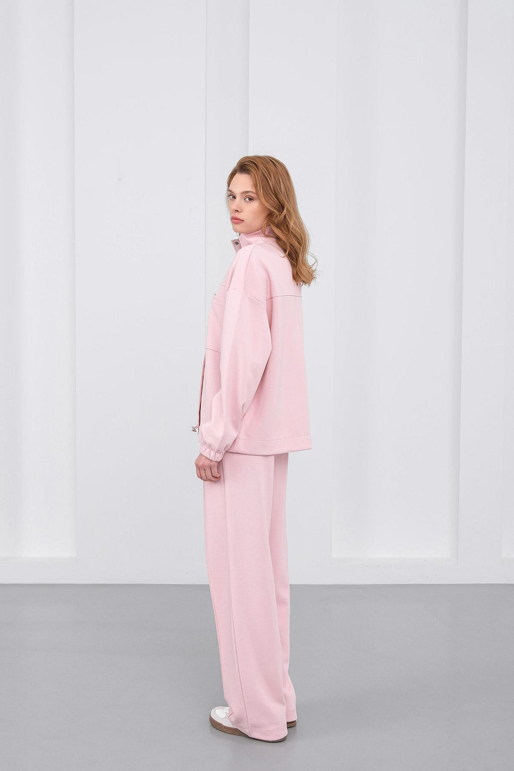 Pembe Kadın Pike Dokulu Bel Ayarlanabilir Oversize Ceket Pantolon Takım