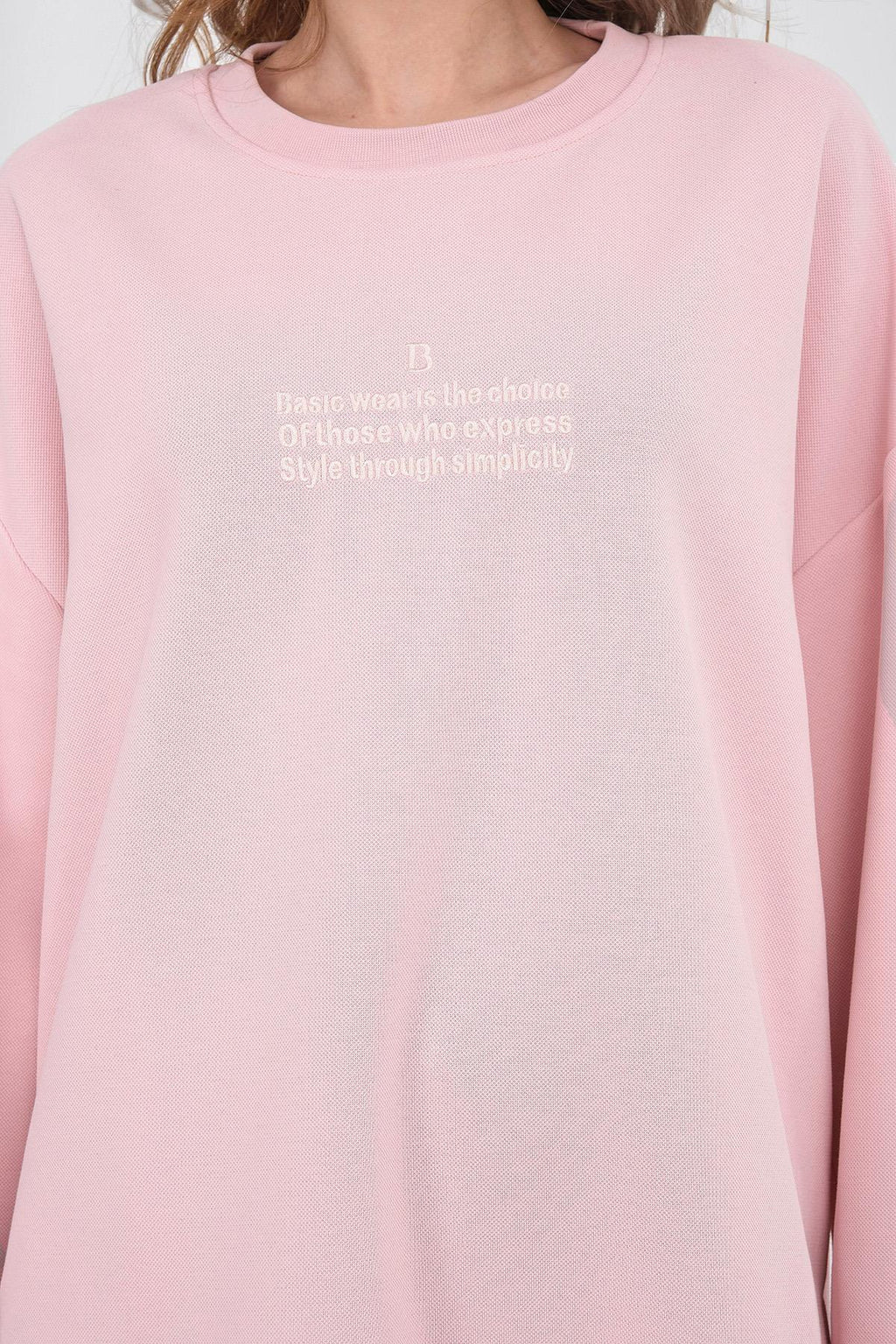 Pembe Kadın Pike Dokulu Nakış Detaylı Yırtmaçlı Oversize Bol Paça Alt-Üst Takım