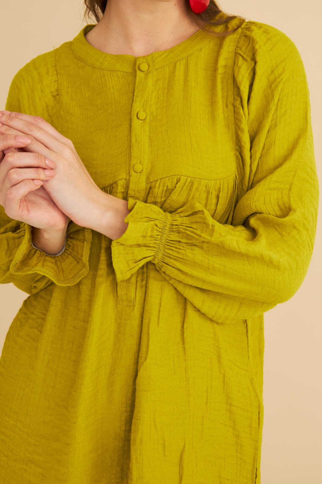 Pinky Düğmeli Kolları Büzgülü Keten Olive Tunik Pantolon