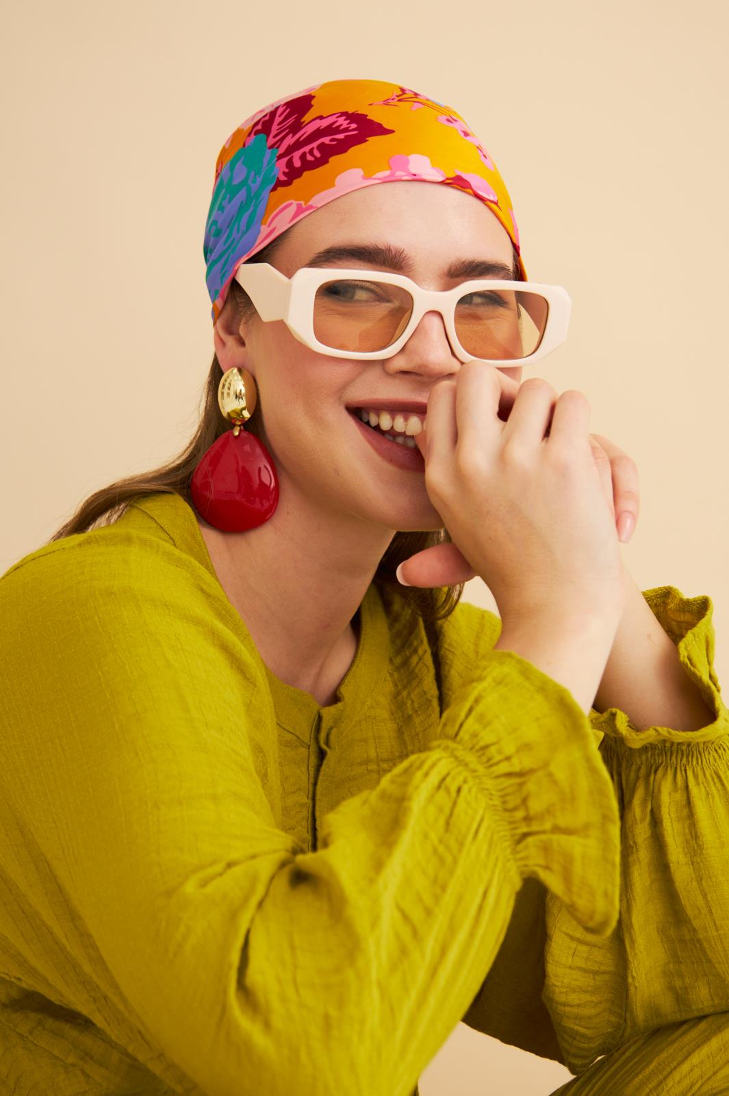 Pinky Düğmeli Kolları Büzgülü Keten Olive Tunik Pantolon