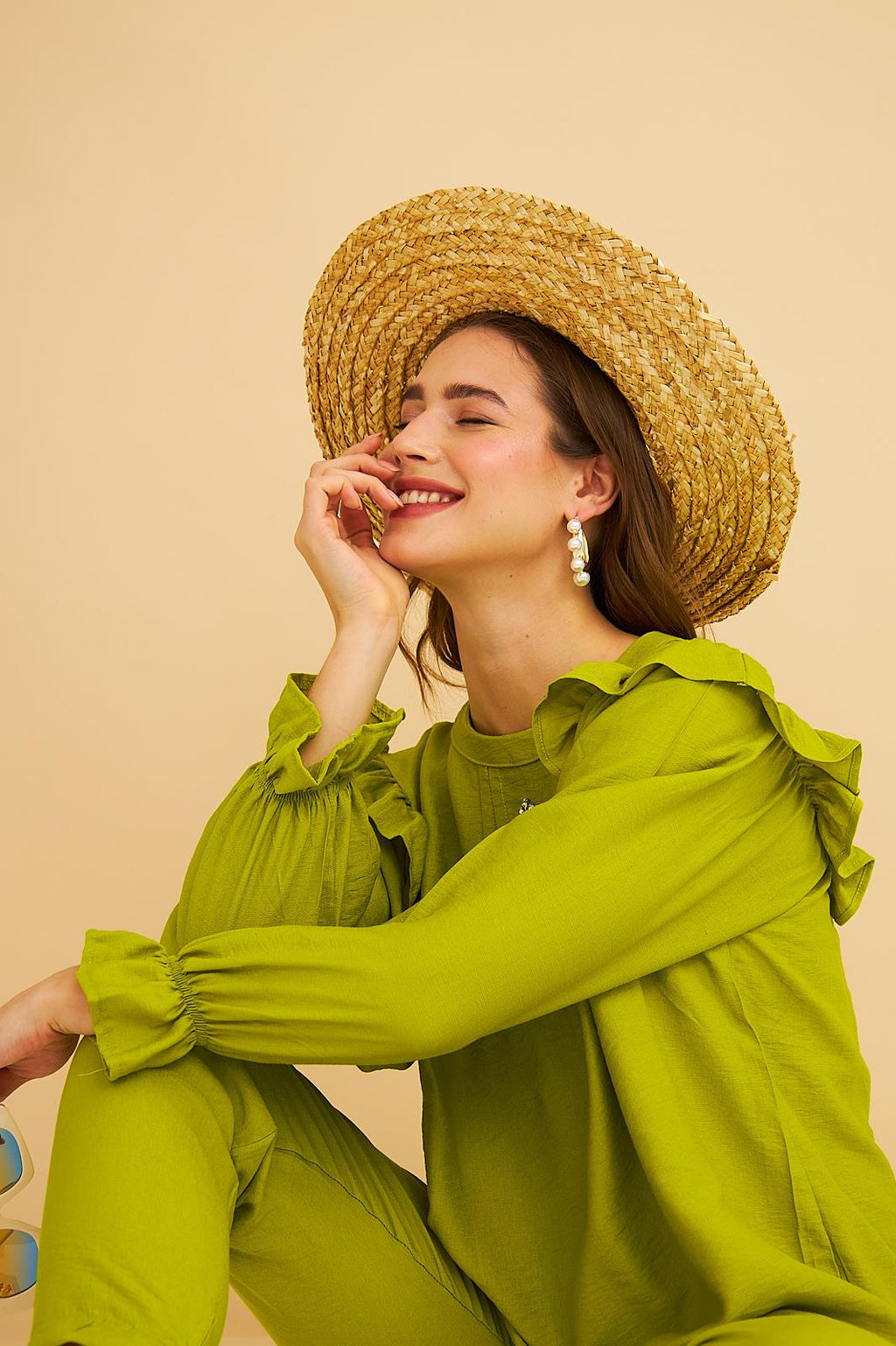 Porty Taş İşlemeli ve Fırfır Detaylı Olive Tunik Pantolon Takım