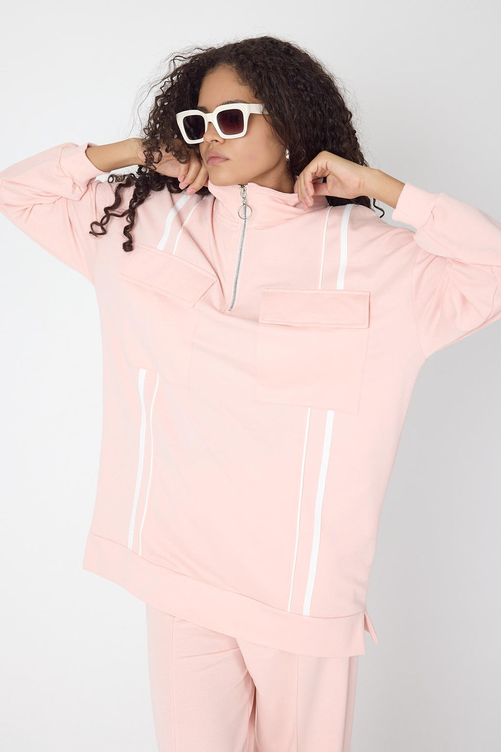 Pudra Kadın Etek Yırtmaçlı Fermuar Kapamalı Cep Detaylı Sweatshirt Ve Bol Paça Nervürlü Pantolon Pamuklu Örme Alt Üst Takım