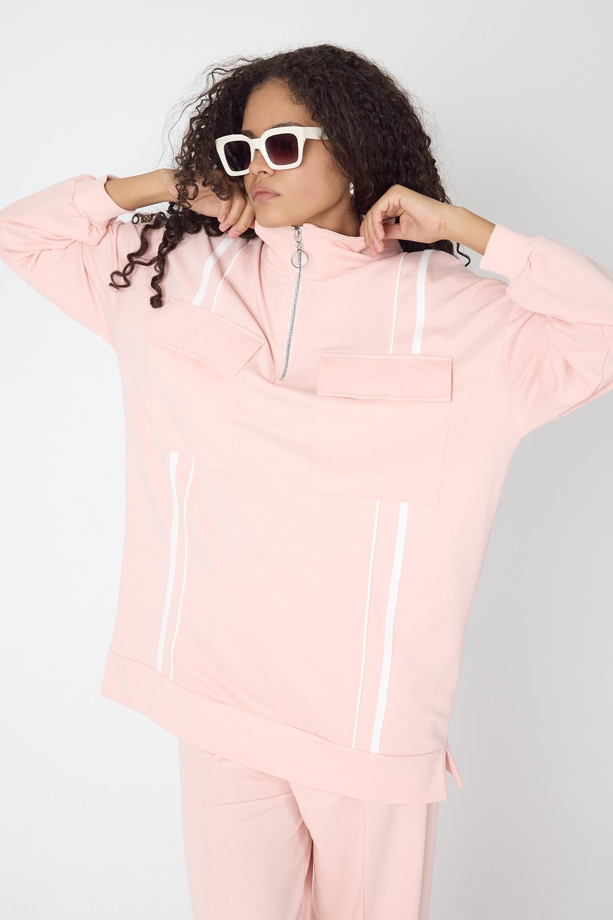 Pudra Kadın Etek Yırtmaçlı Fermuar Kapamalı Cep Detaylı Sweatshirt Ve Bol Paça Nervürlü Pantolon Pamuklu Örme Alt Üst Takım