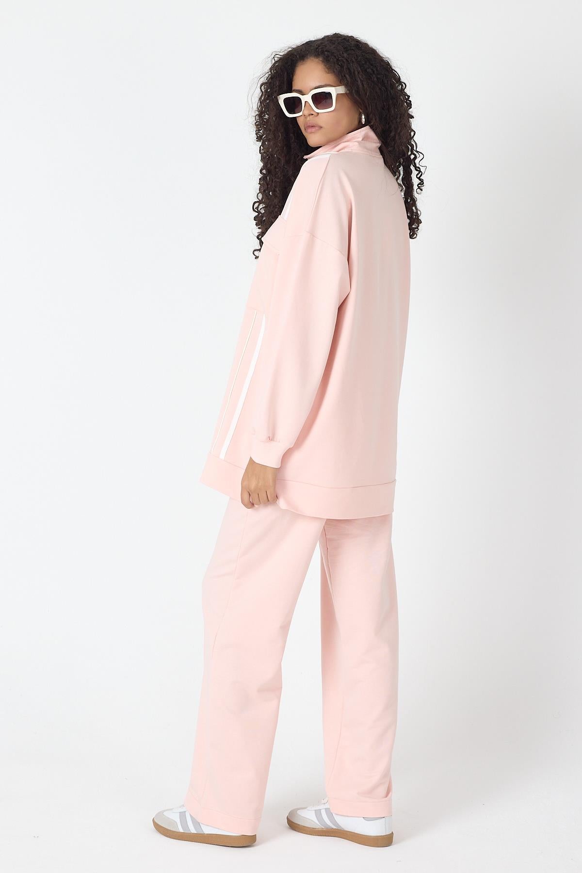 Pudra Kadın Etek Yırtmaçlı Fermuar Kapamalı Cep Detaylı Sweatshirt Ve Bol Paça Nervürlü Pantolon Pamuklu Örme Alt Üst Takım