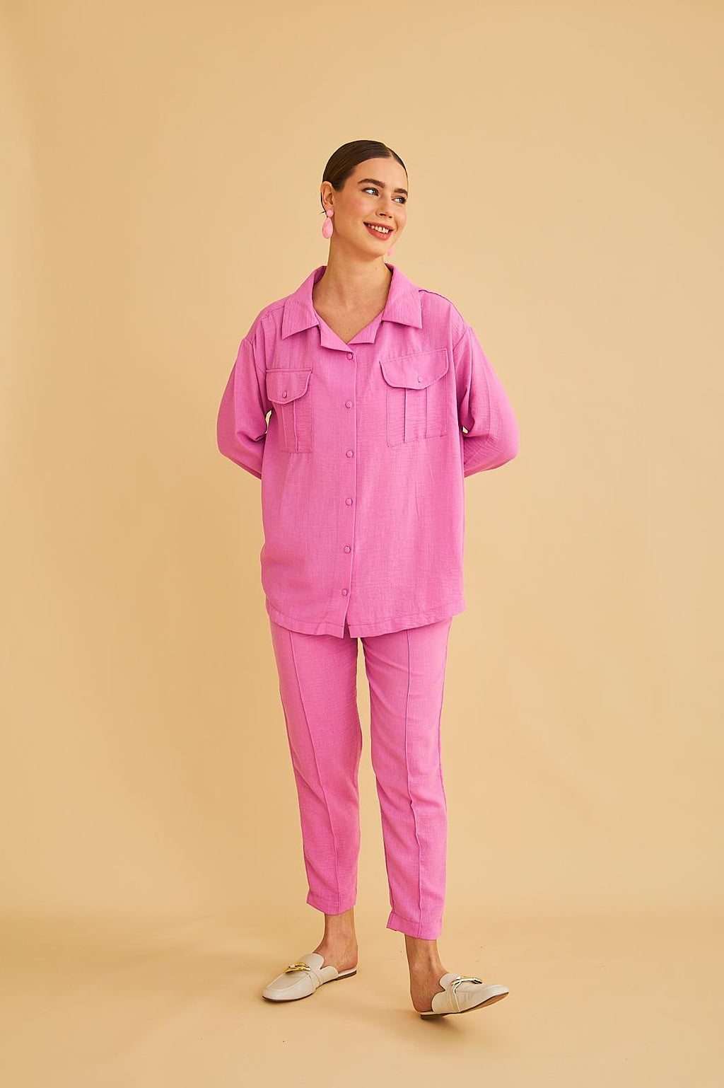 Raxy Cepli ve Nervürlü Keten Pembe Gömlek Pantolon Takım