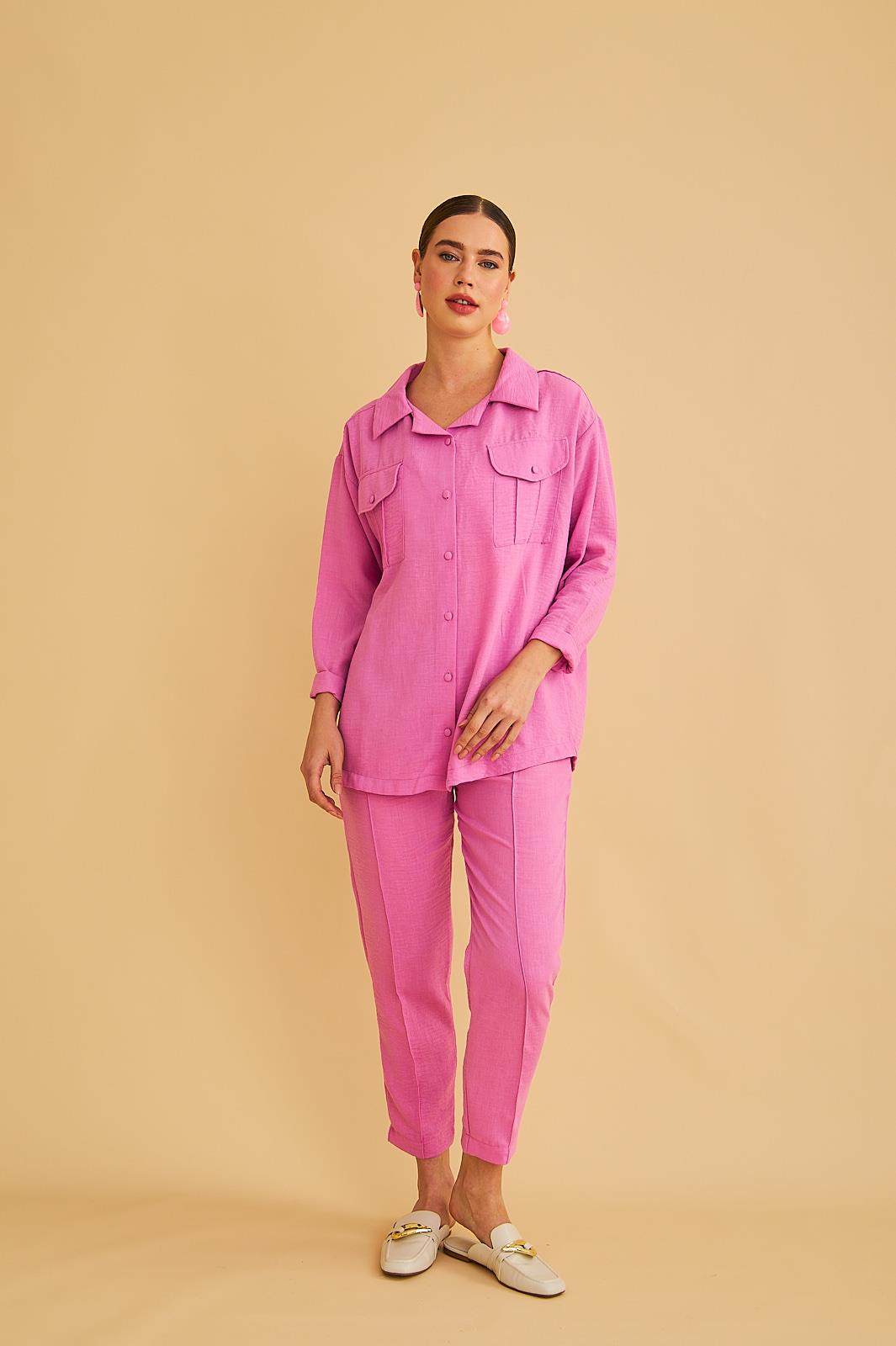Raxy Cepli ve Nervürlü Keten Pembe Gömlek Pantolon Takım
