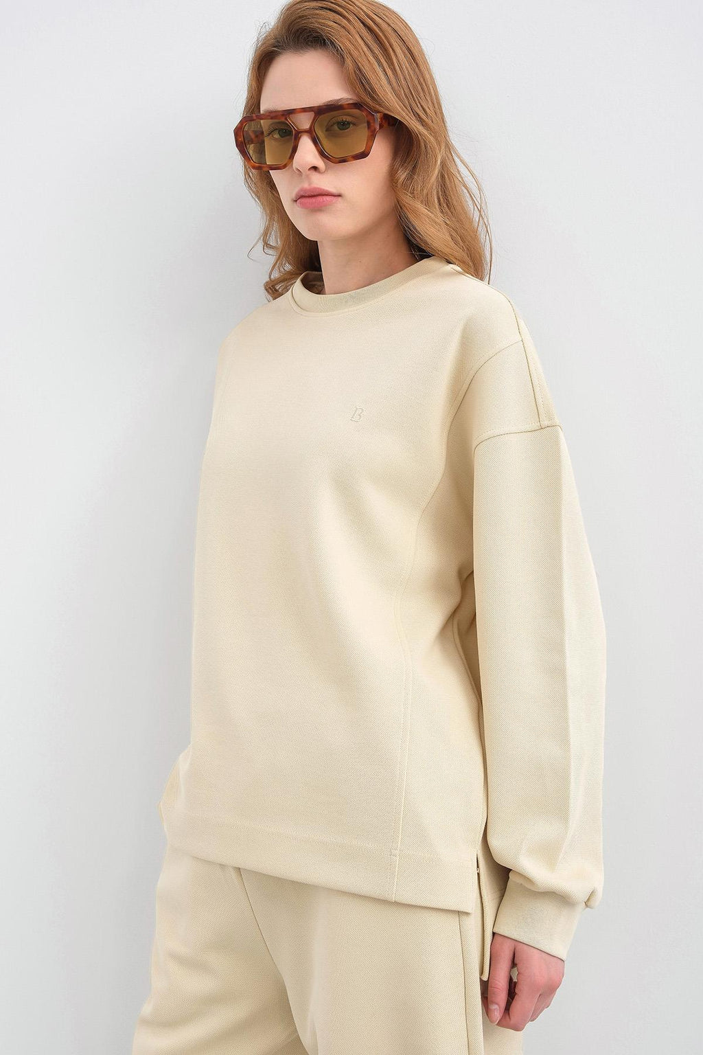 Sarı Kadın Oversize Pike Dokulu Bol Paça Alt-Üst Takım