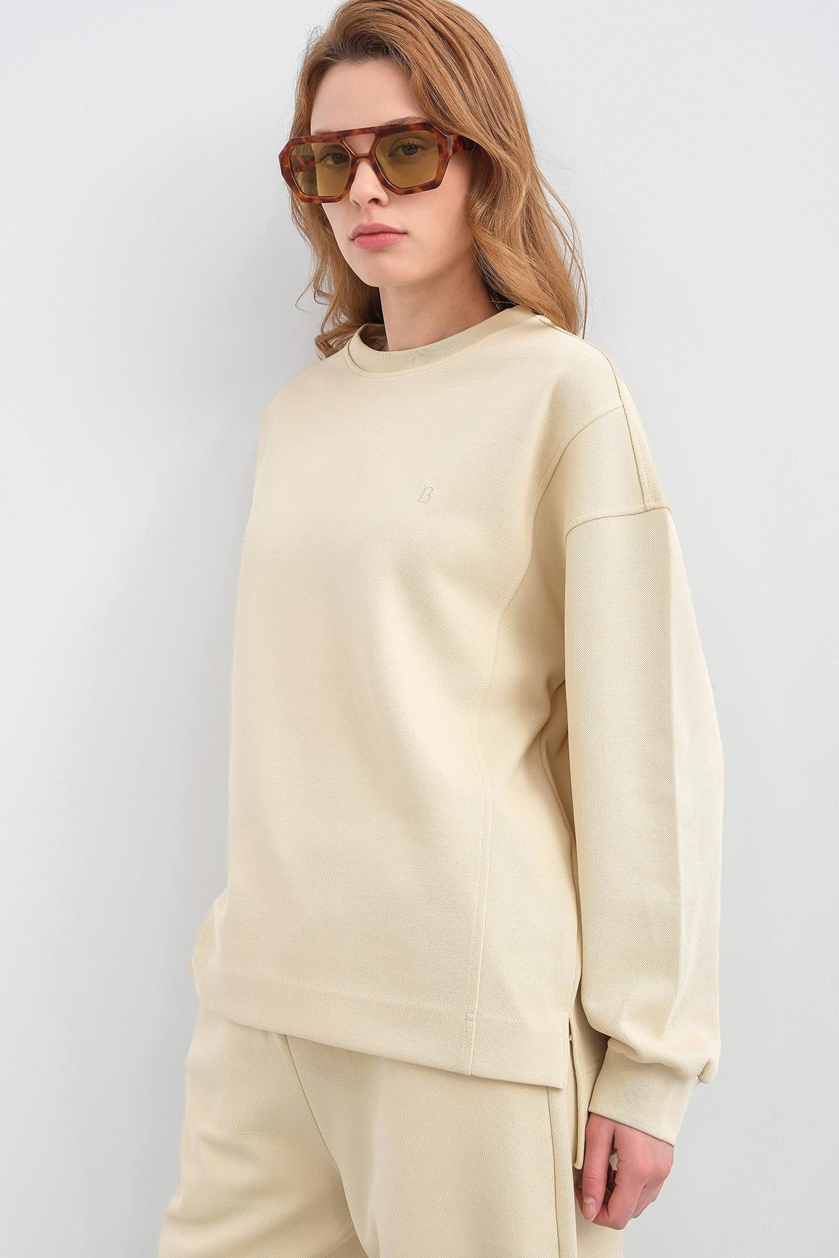 Sarı Kadın Oversize Pike Dokulu Bol Paça Alt-Üst Takım