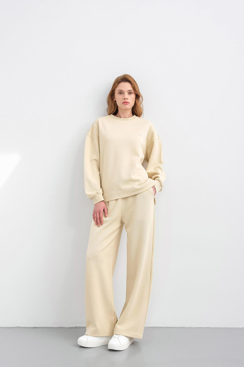 Sarı Kadın Oversize Pike Dokulu Bol Paça Alt-Üst Takım