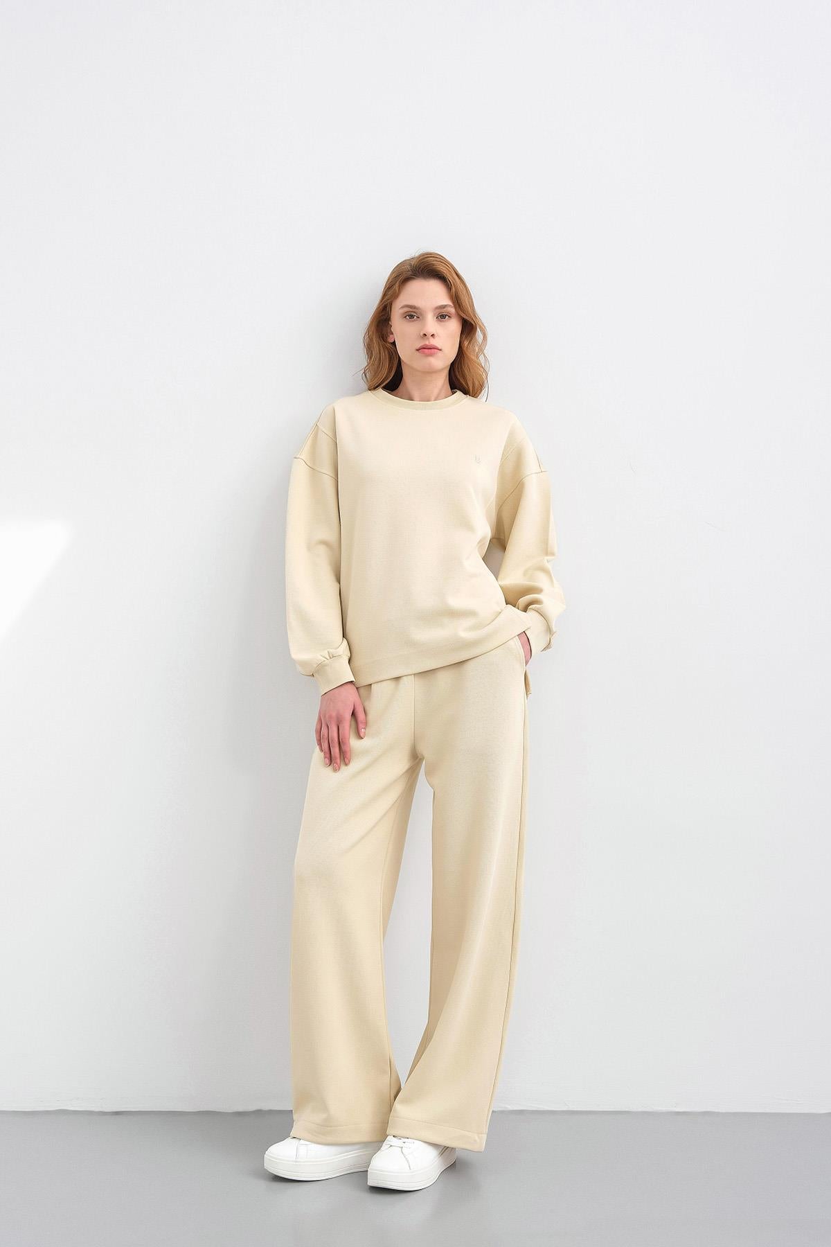 Sarı Kadın Oversize Pike Dokulu Bol Paça Alt-Üst Takım