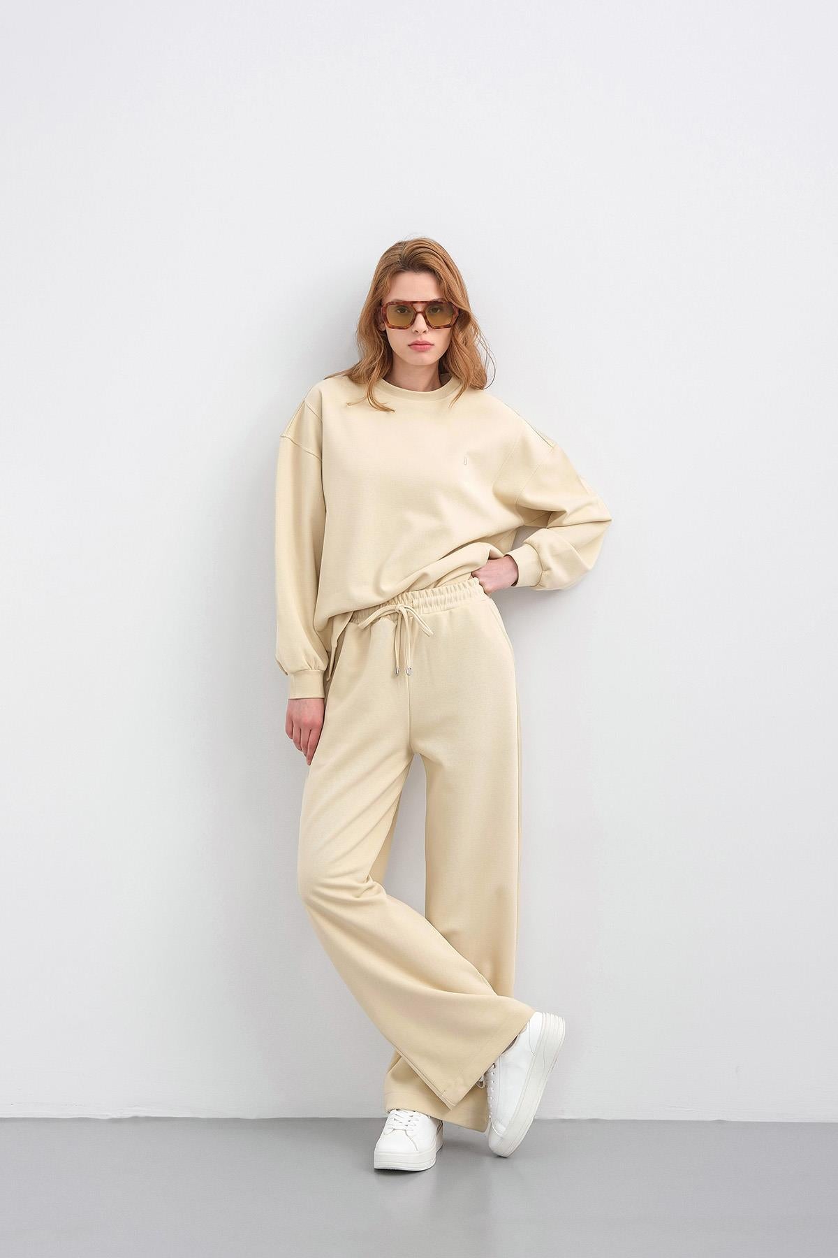 Sarı Kadın Oversize Pike Dokulu Bol Paça Alt-Üst Takım