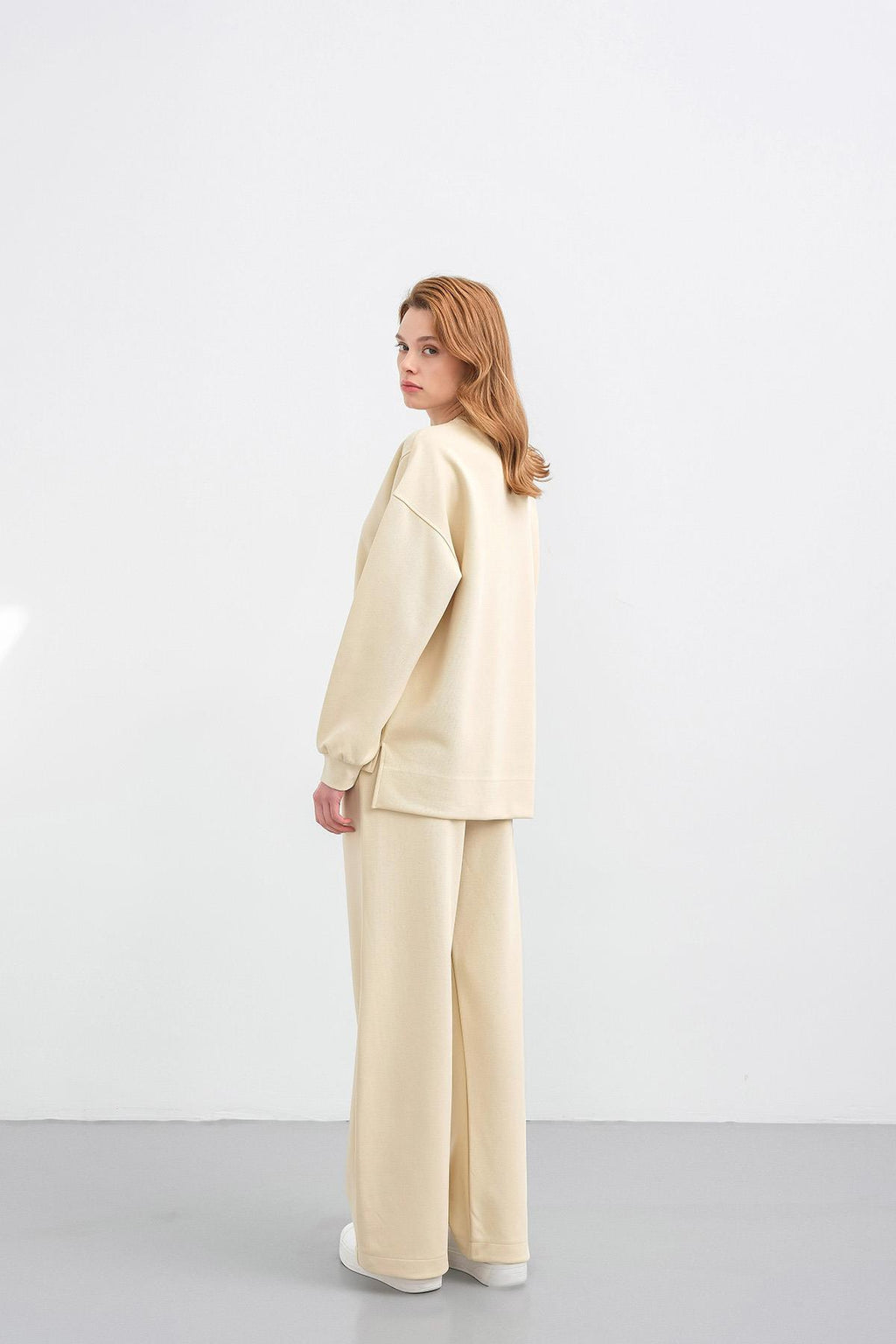 Sarı Kadın Oversize Pike Dokulu Bol Paça Alt-Üst Takım