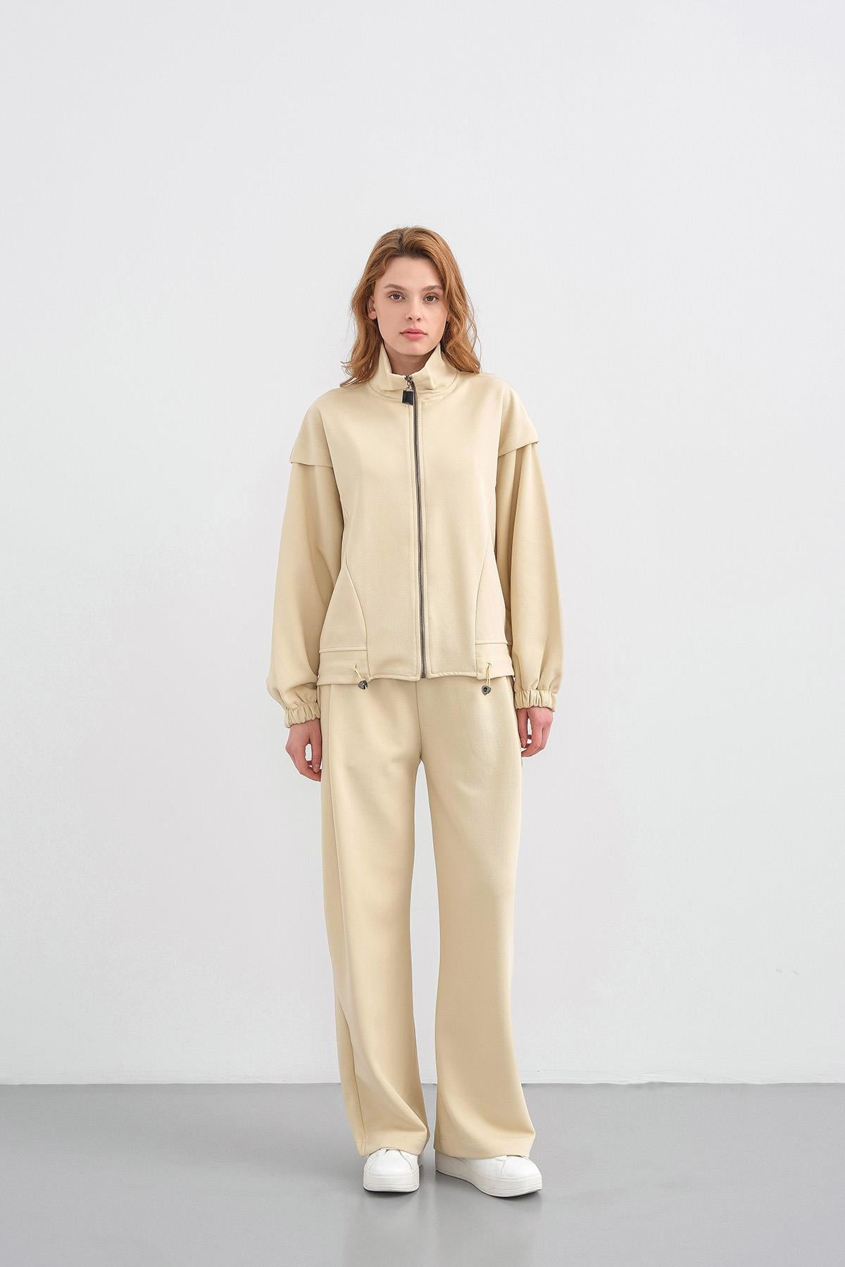 Sarı Kadın Pike Dokulu Bel Ayarlanabilir Fermuar Detaylı Bol Paça Alt-Üst Takım