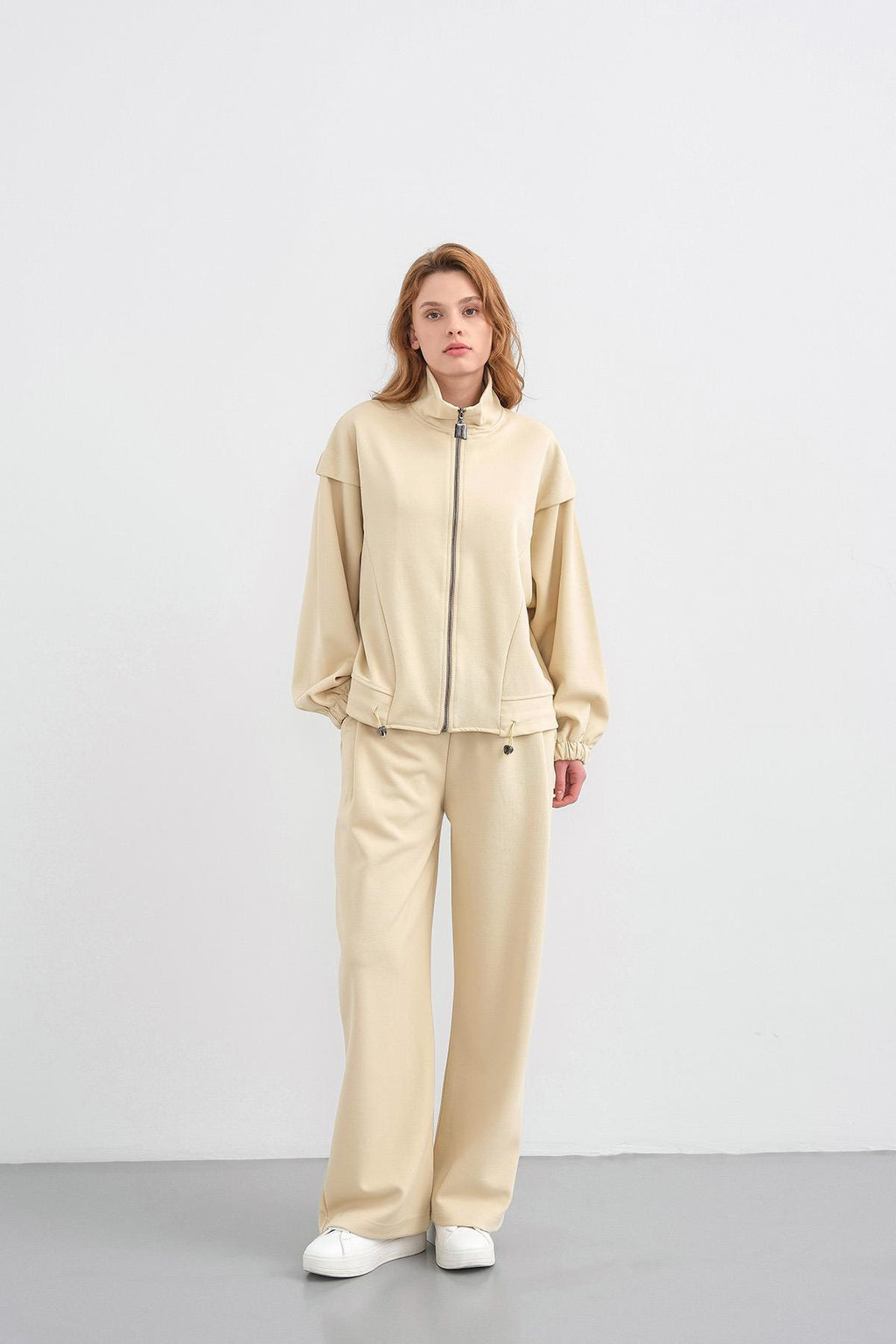 Sarı Kadın Pike Dokulu Bel Ayarlanabilir Fermuar Detaylı Bol Paça Alt-Üst Takım