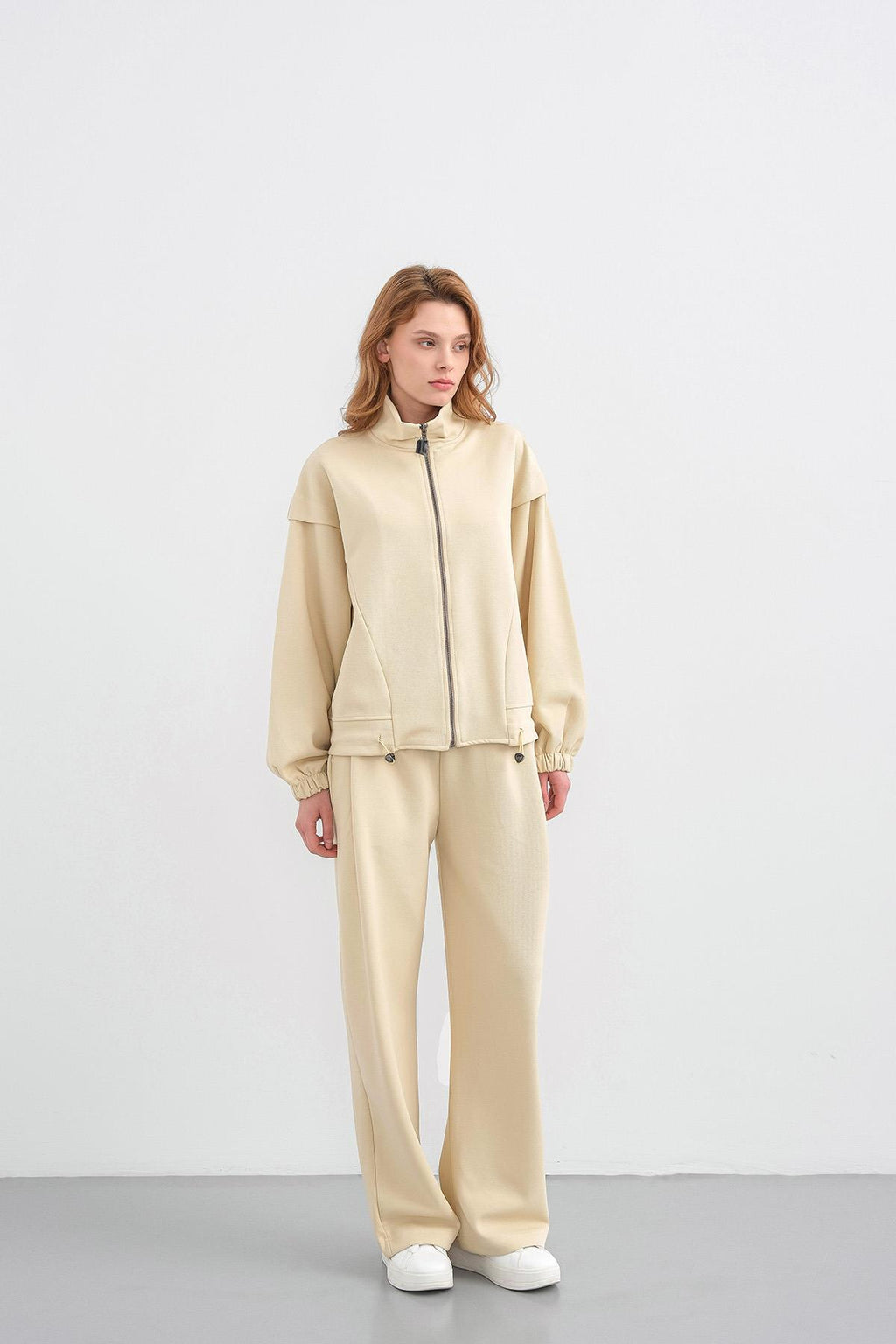 Sarı Kadın Pike Dokulu Bel Ayarlanabilir Fermuar Detaylı Bol Paça Alt-Üst Takım