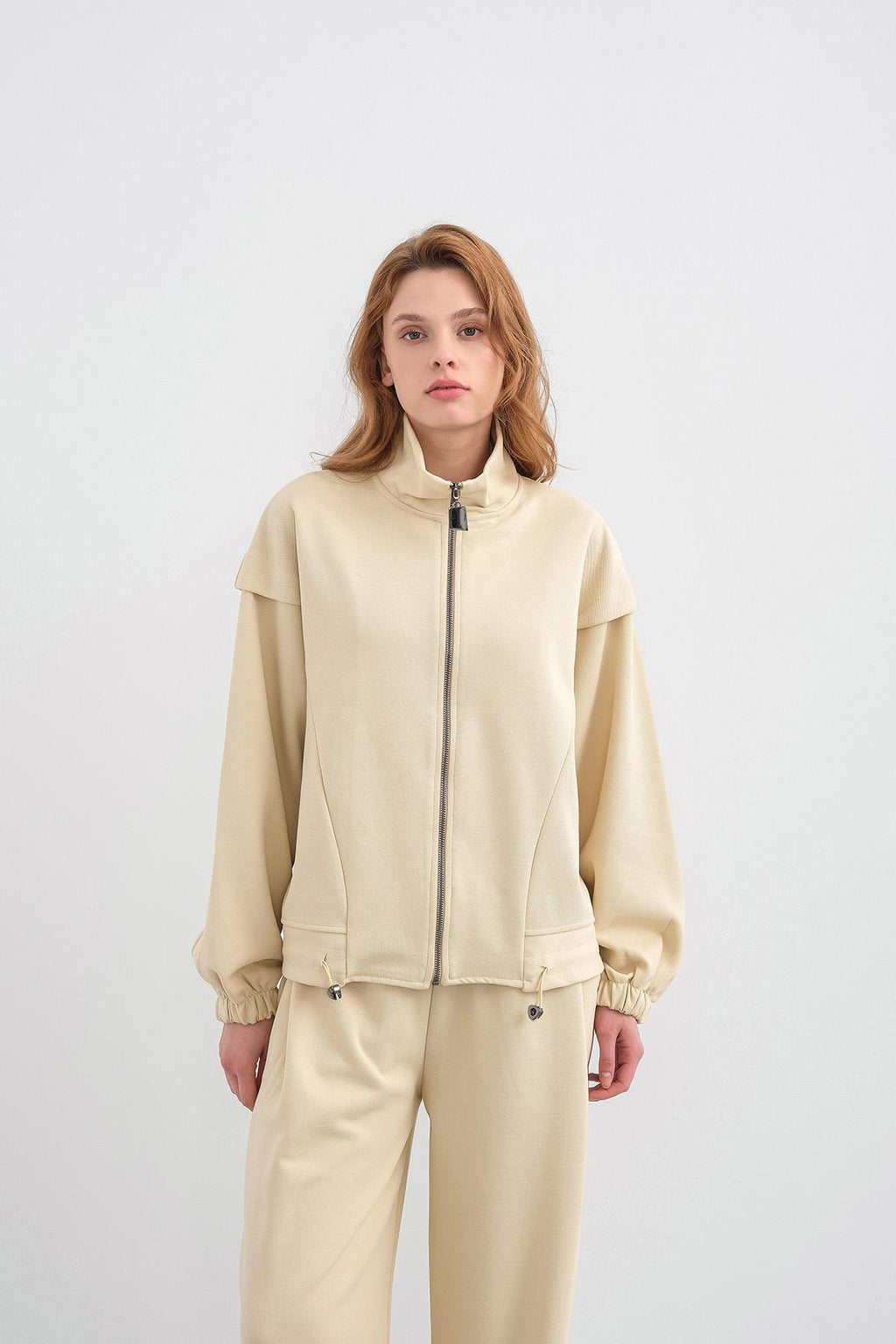 Sarı Kadın Pike Dokulu Bel Ayarlanabilir Fermuar Detaylı Bol Paça Alt-Üst Takım