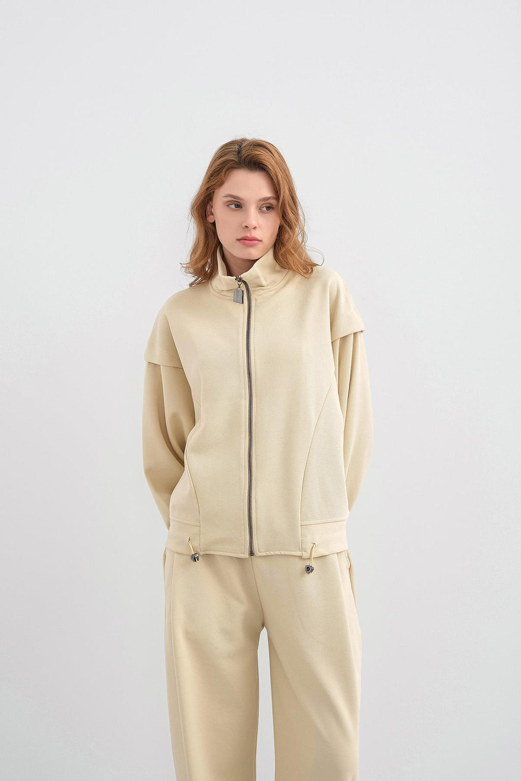 Sarı Kadın Pike Dokulu Bel Ayarlanabilir Fermuar Detaylı Bol Paça Alt-Üst Takım