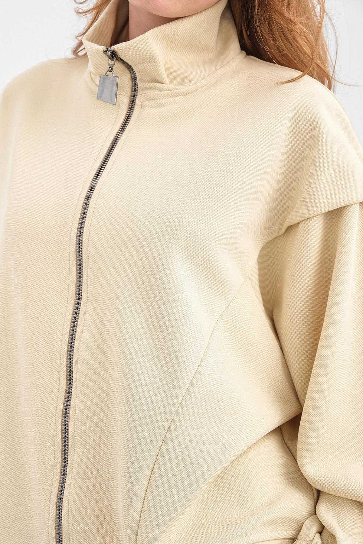 Sarı Kadın Pike Dokulu Bel Ayarlanabilir Fermuar Detaylı Bol Paça Alt-Üst Takım