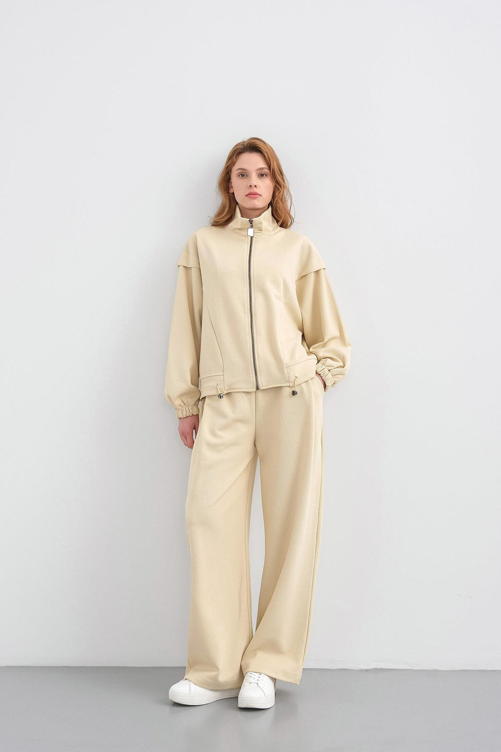 Sarı Kadın Pike Dokulu Bel Ayarlanabilir Fermuar Detaylı Bol Paça Alt-Üst Takım