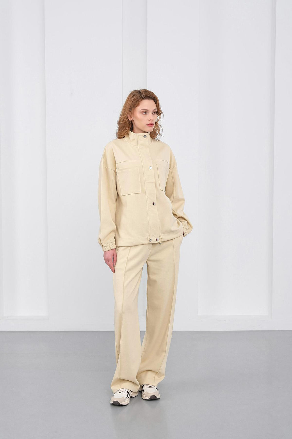 Sarı Kadın Pike Dokulu Bel Ayarlanabilir Oversize Ceket Pantolon Takım